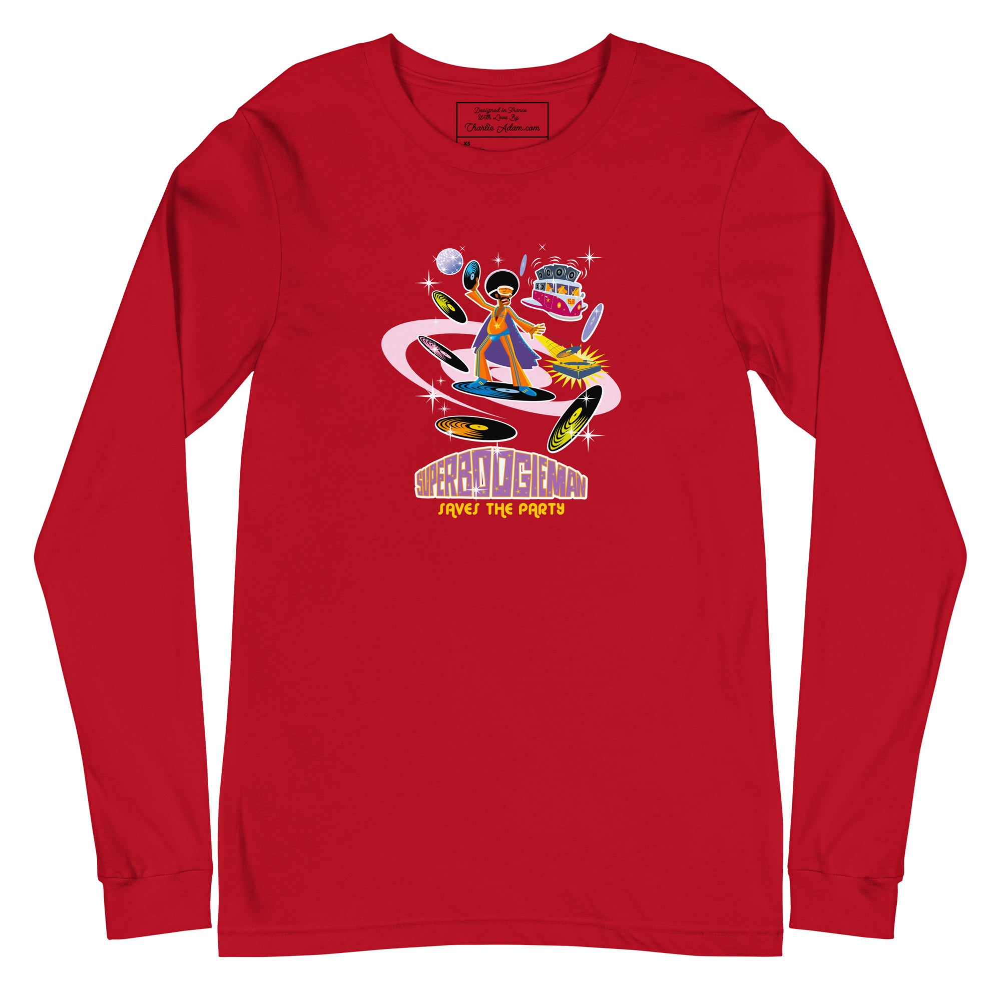 Unisex Long Sleeve Tee Superboogieman Saves the Party (front & back)