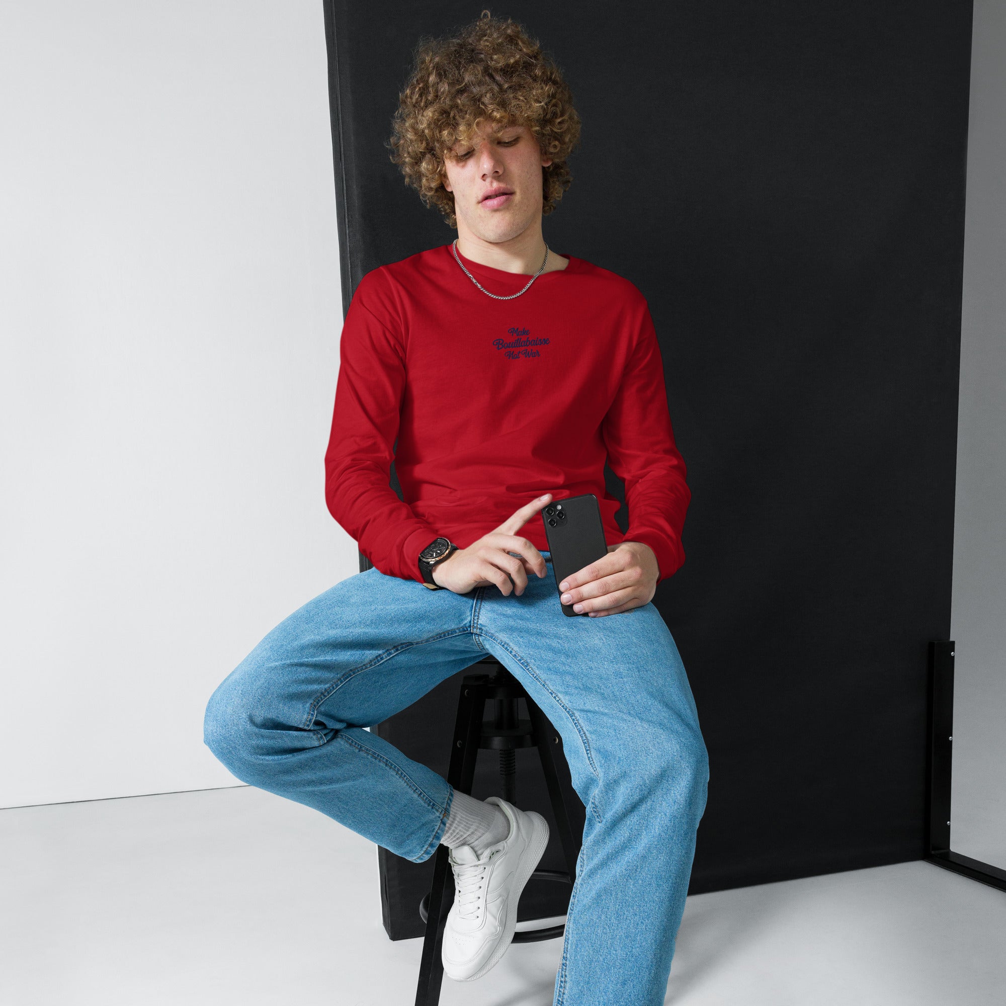 T-shirt unisexe à manches longues Make Bouillabaisse Not War brodé navy