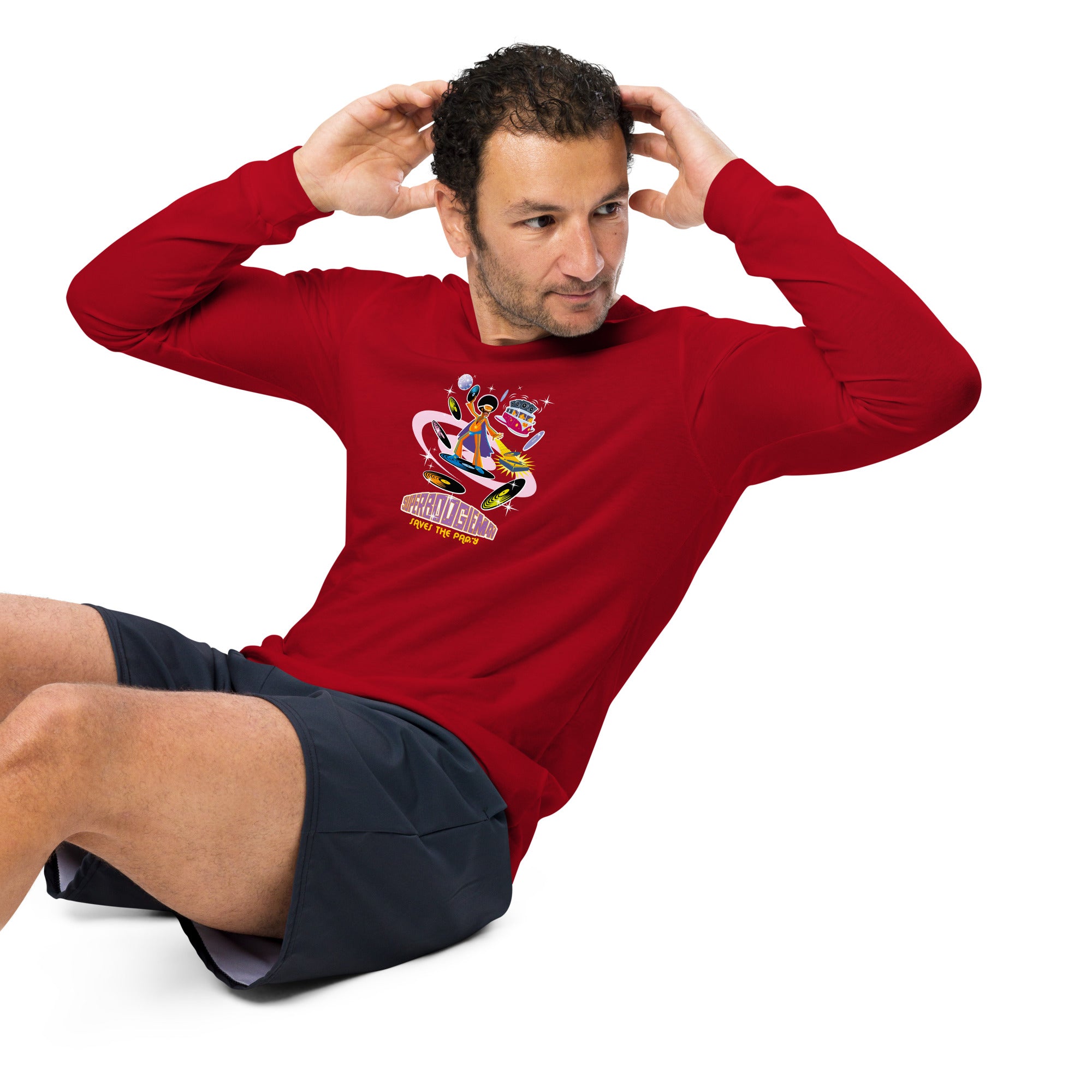 Unisex Long Sleeve Tee Superboogieman Saves the Party (front & back)