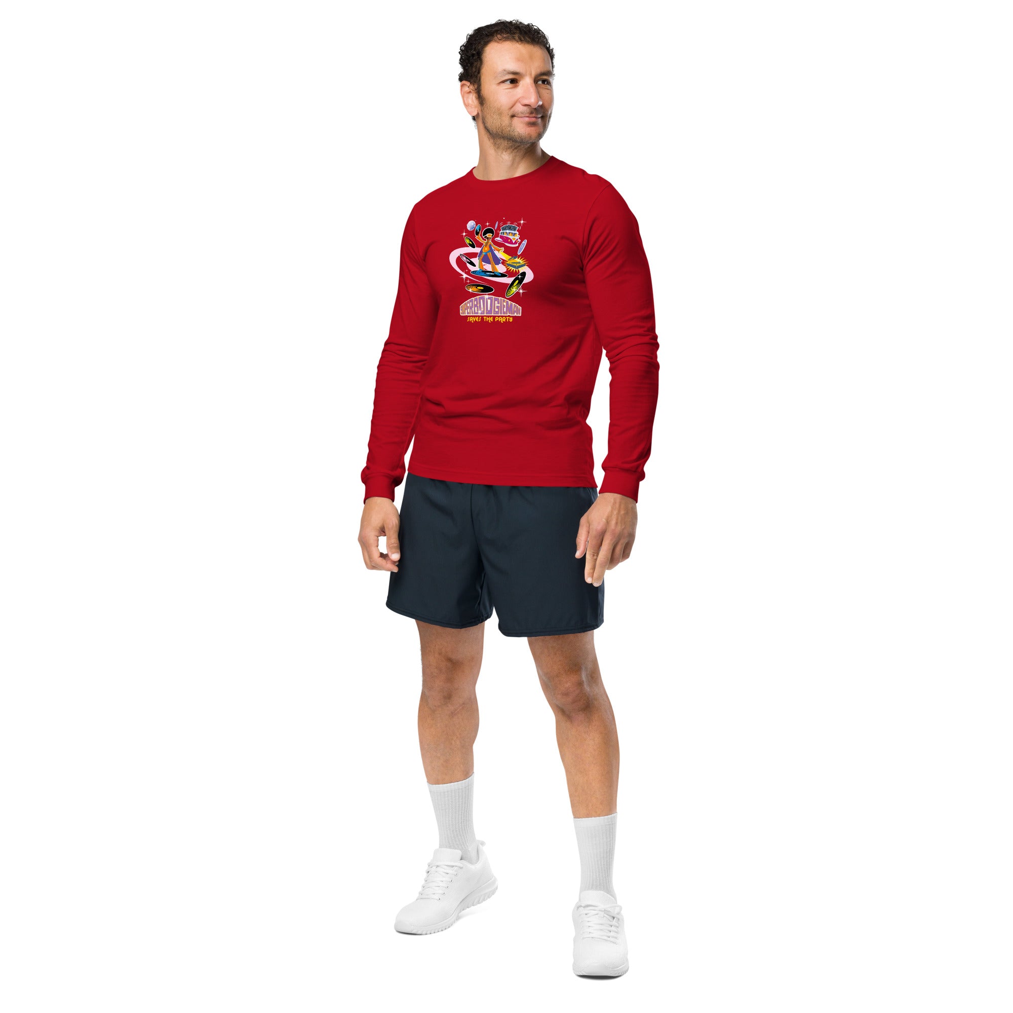 Unisex Long Sleeve Tee Superboogieman Saves the Party (front & back)