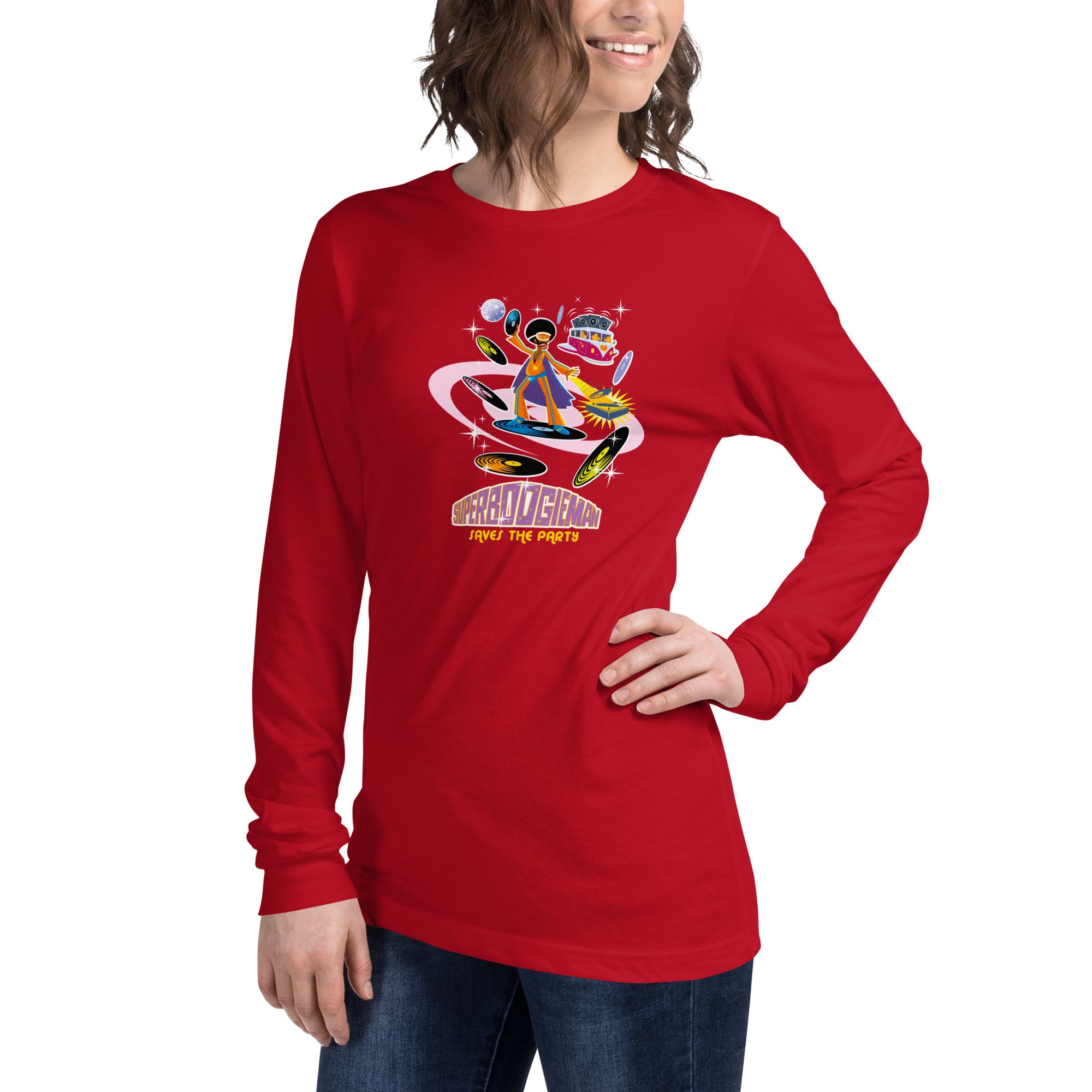 Unisex Long Sleeve Tee Superboogieman Saves the Party (front & back)