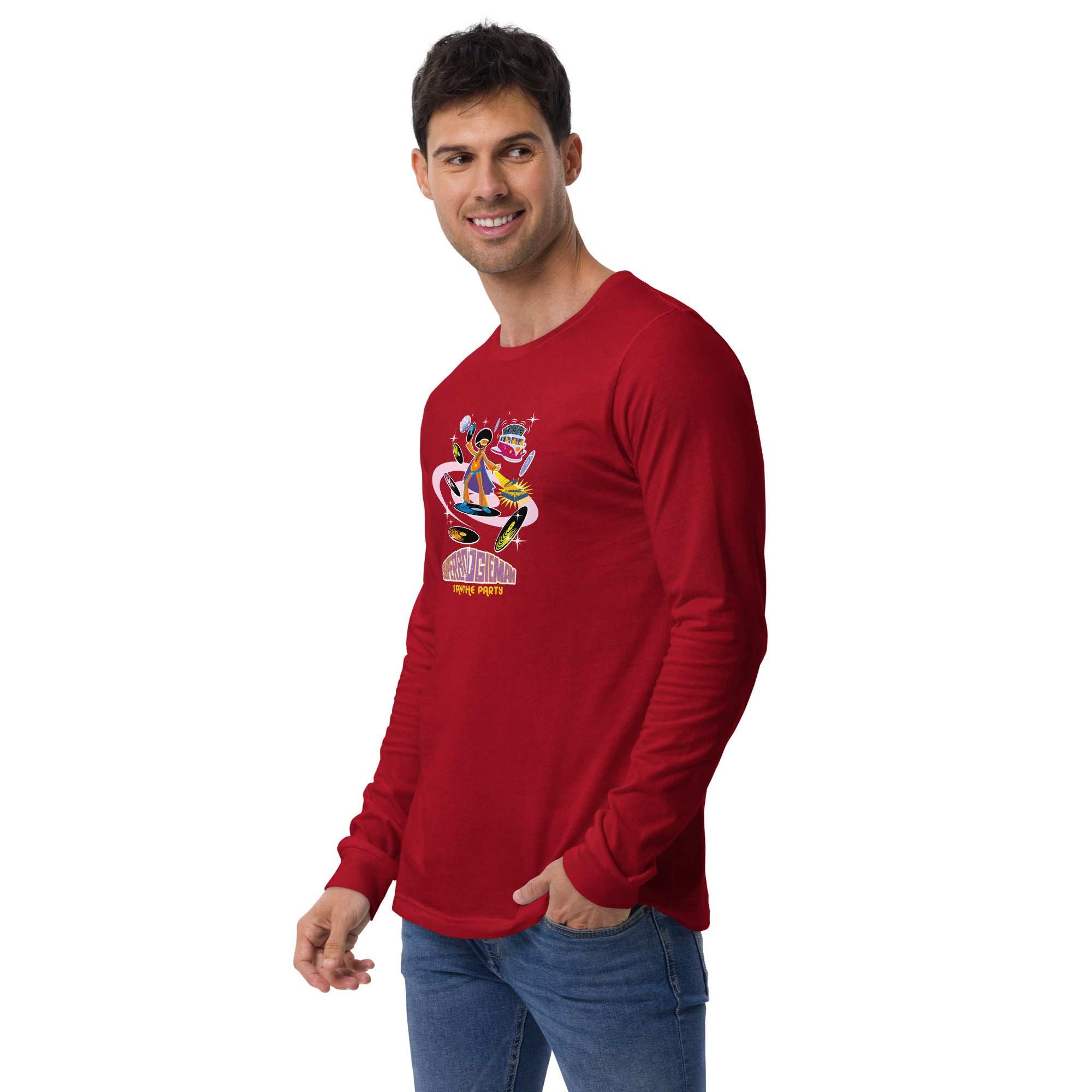 Unisex Long Sleeve Tee Superboogieman Saves the Party (front & back)