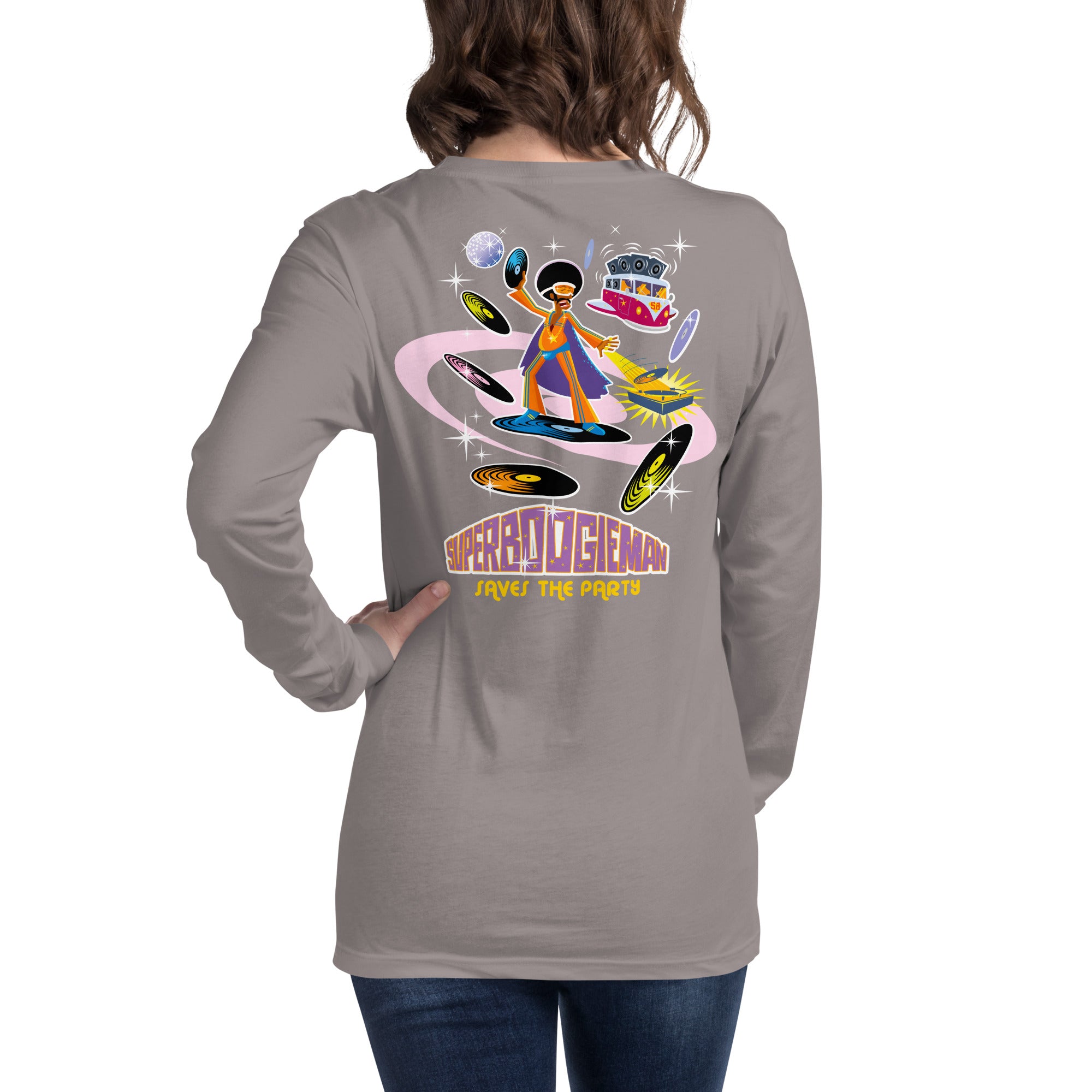 Unisex Long Sleeve Tee Superboogieman Saves the Party (front & back)