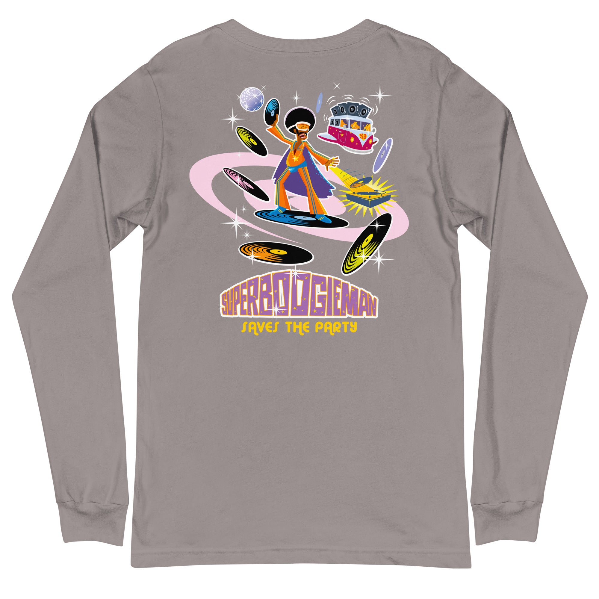 Unisex Long Sleeve Tee Superboogieman Saves the Party (front & back)