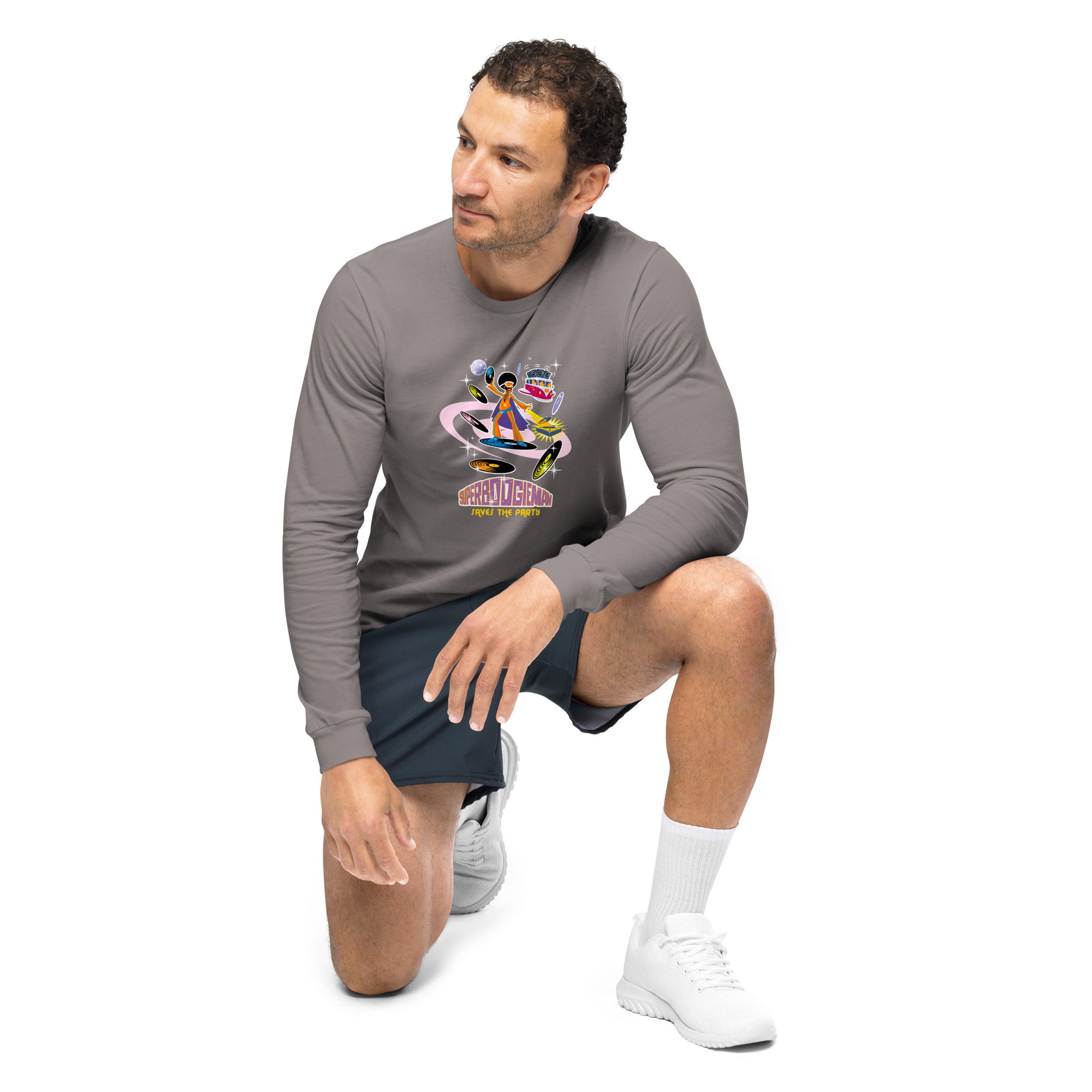 Unisex Long Sleeve Tee Superboogieman Saves the Party (front & back)