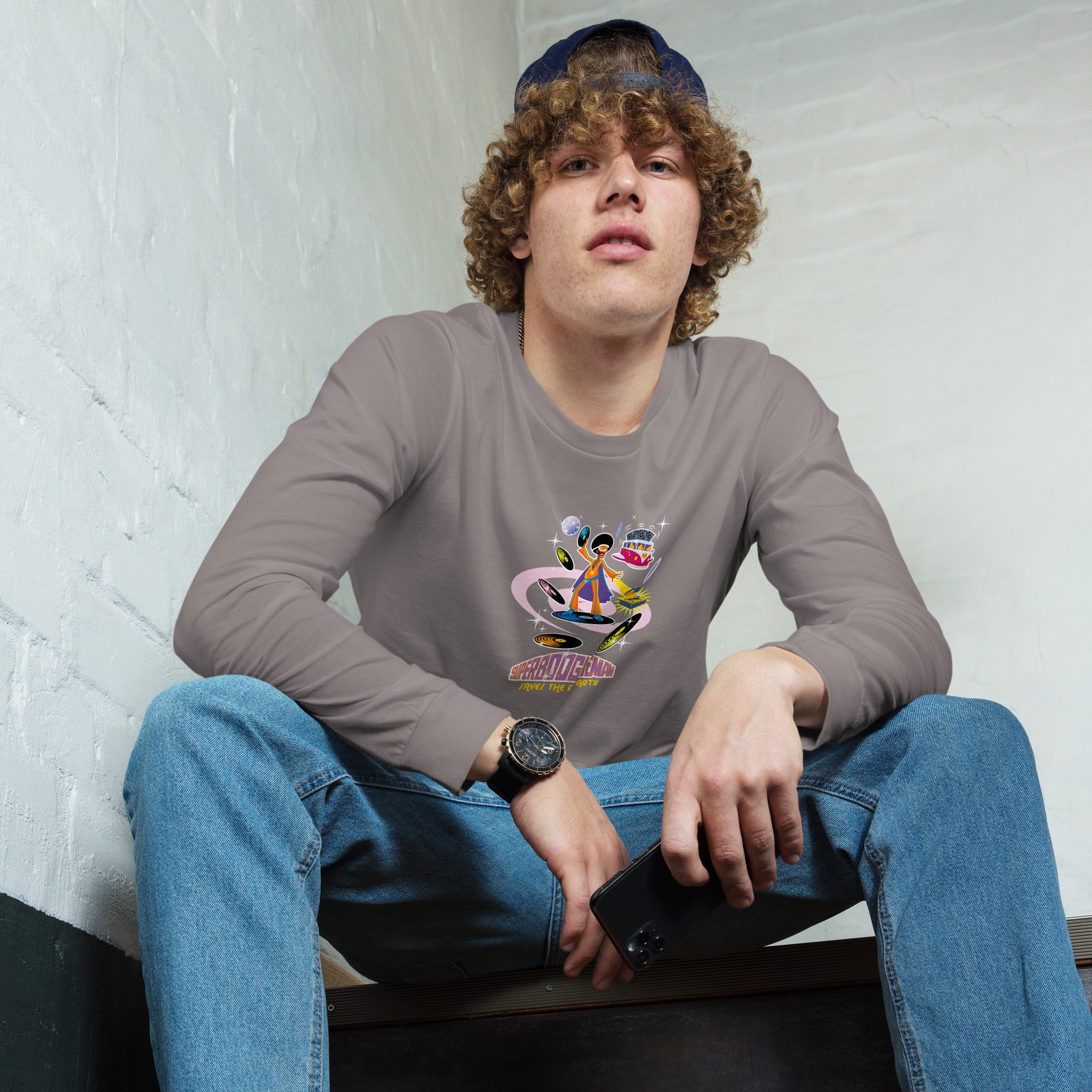 Unisex Long Sleeve Tee Superboogieman Saves the Party (front & back)