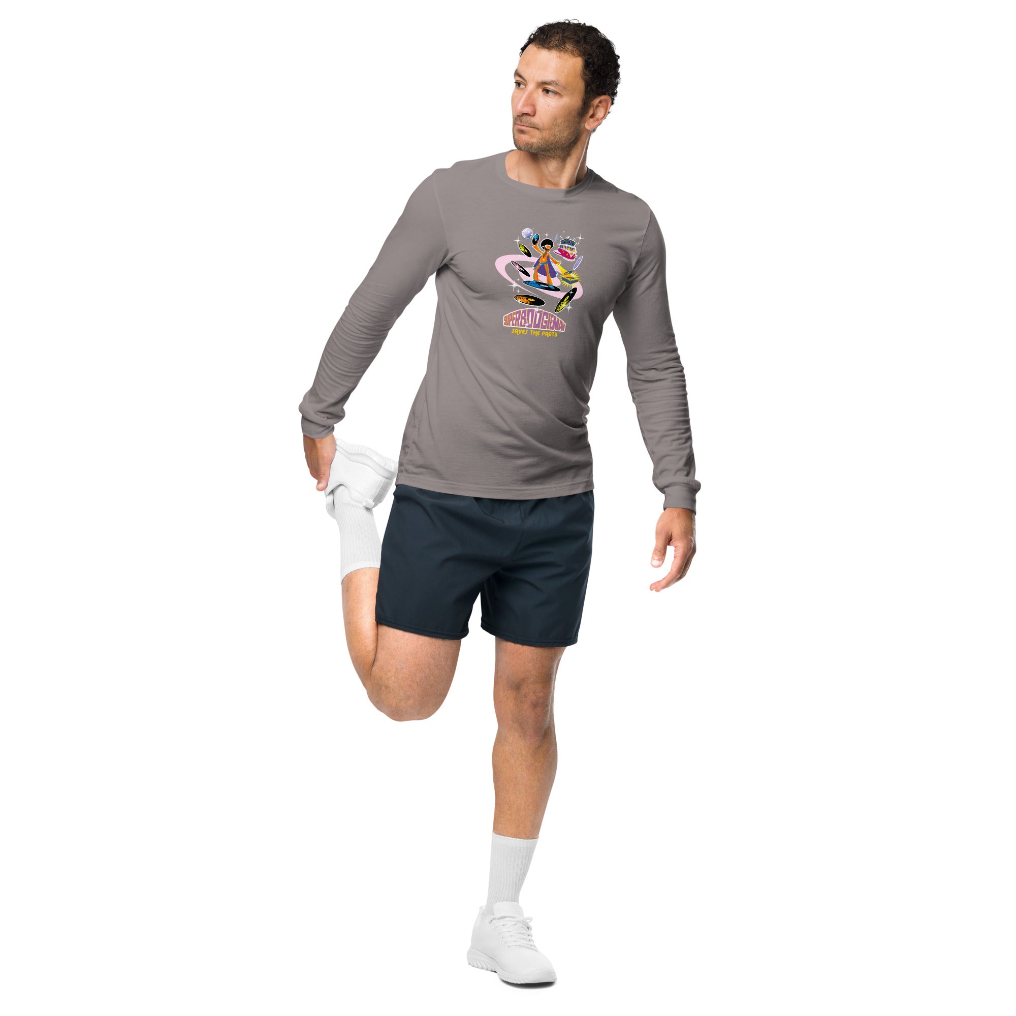 Unisex Long Sleeve Tee Superboogieman Saves the Party (front & back)