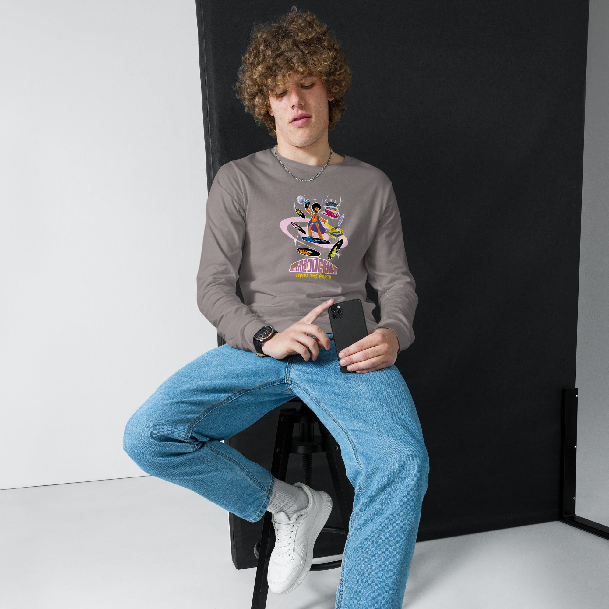 Unisex Long Sleeve Tee Superboogieman Saves the Party (front & back)