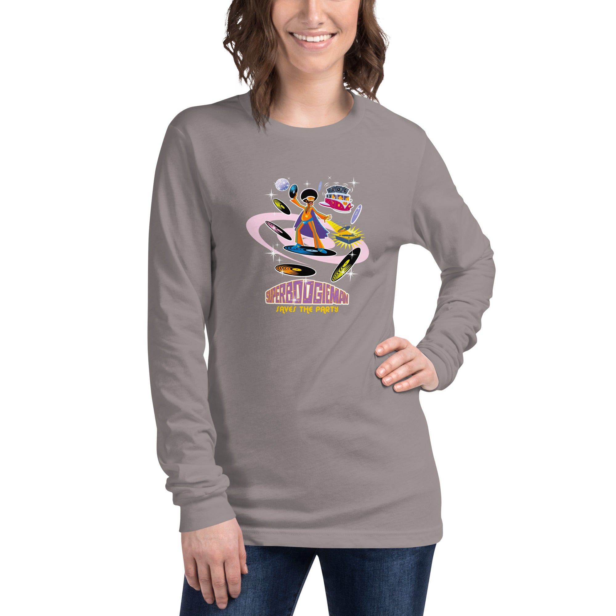 Unisex Long Sleeve Tee Superboogieman Saves the Party (front & back)