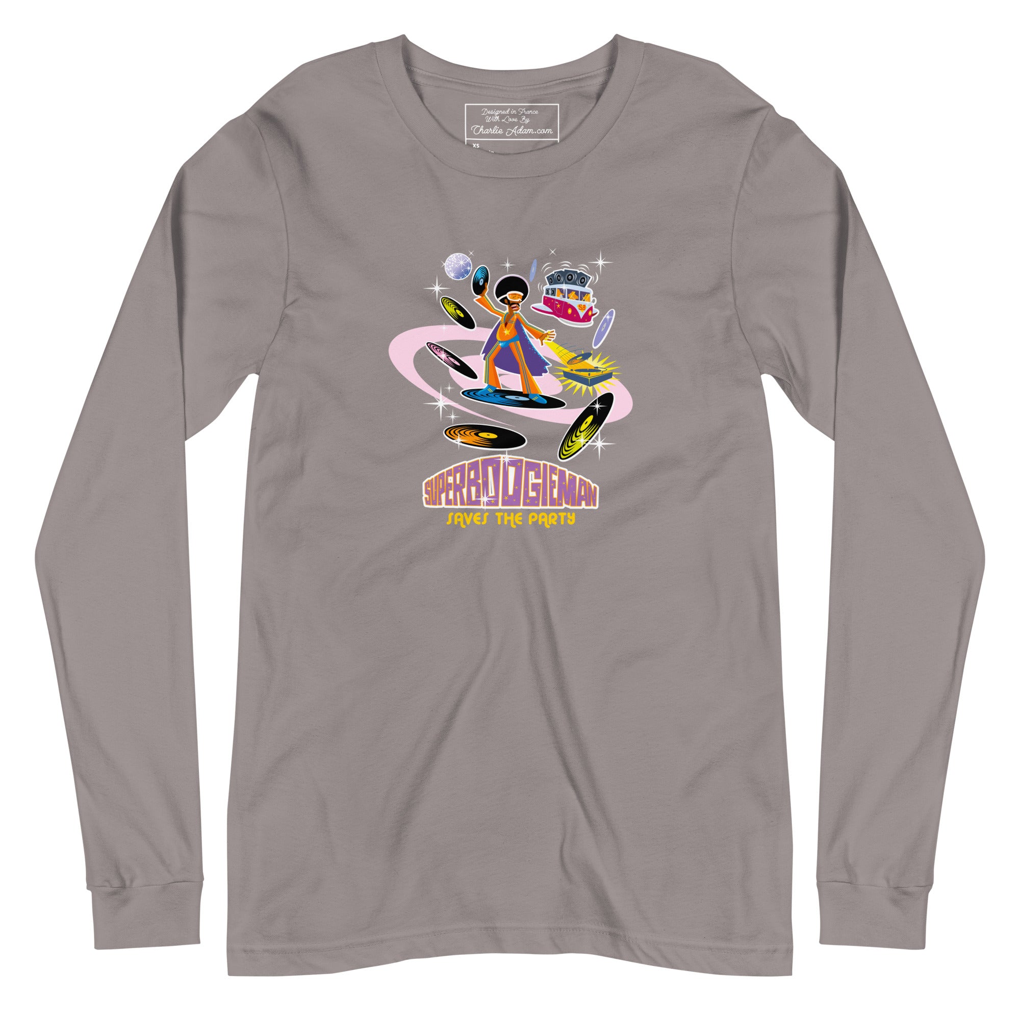 Unisex Long Sleeve Tee Superboogieman Saves the Party (front & back)