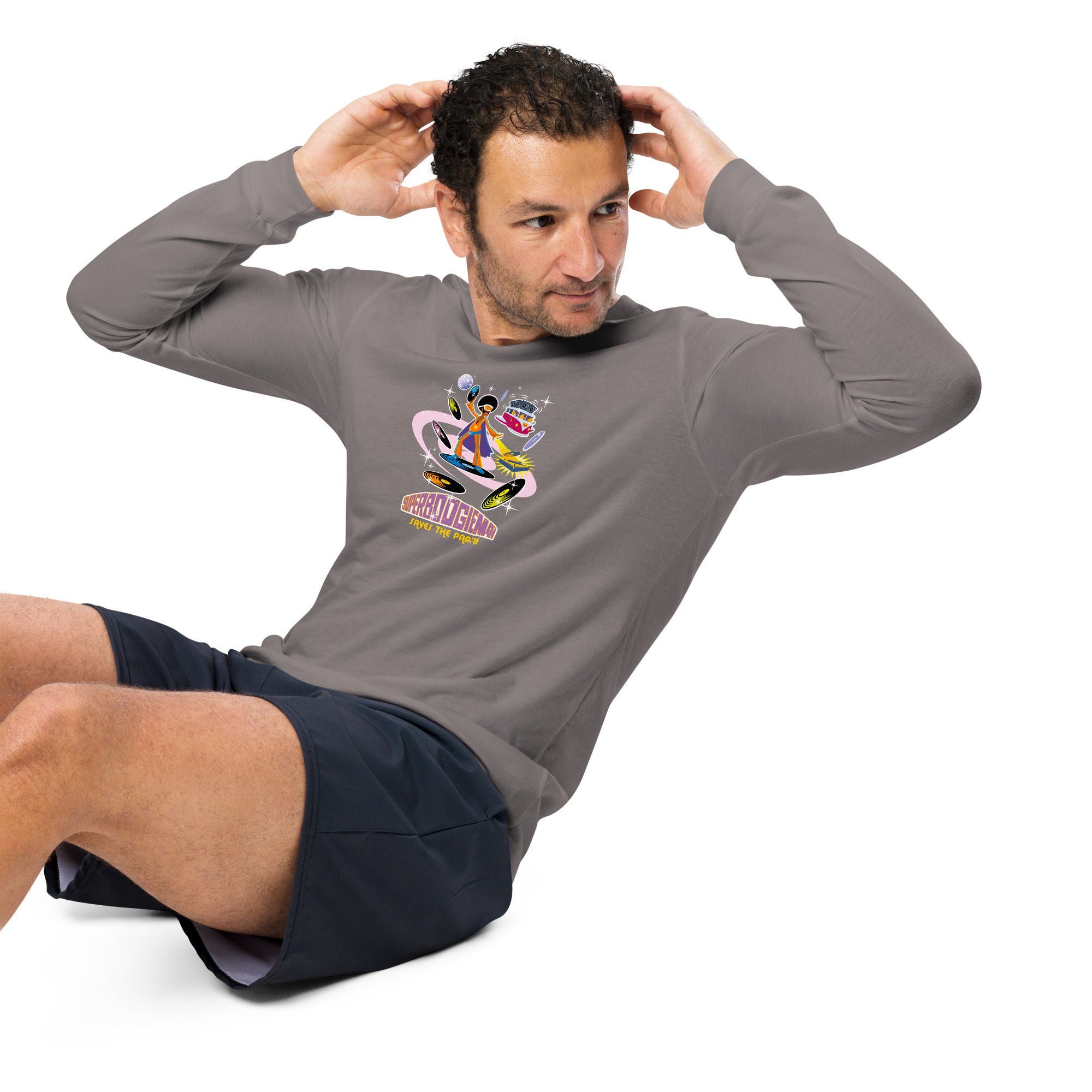 Unisex Long Sleeve Tee Superboogieman Saves the Party (front & back)
