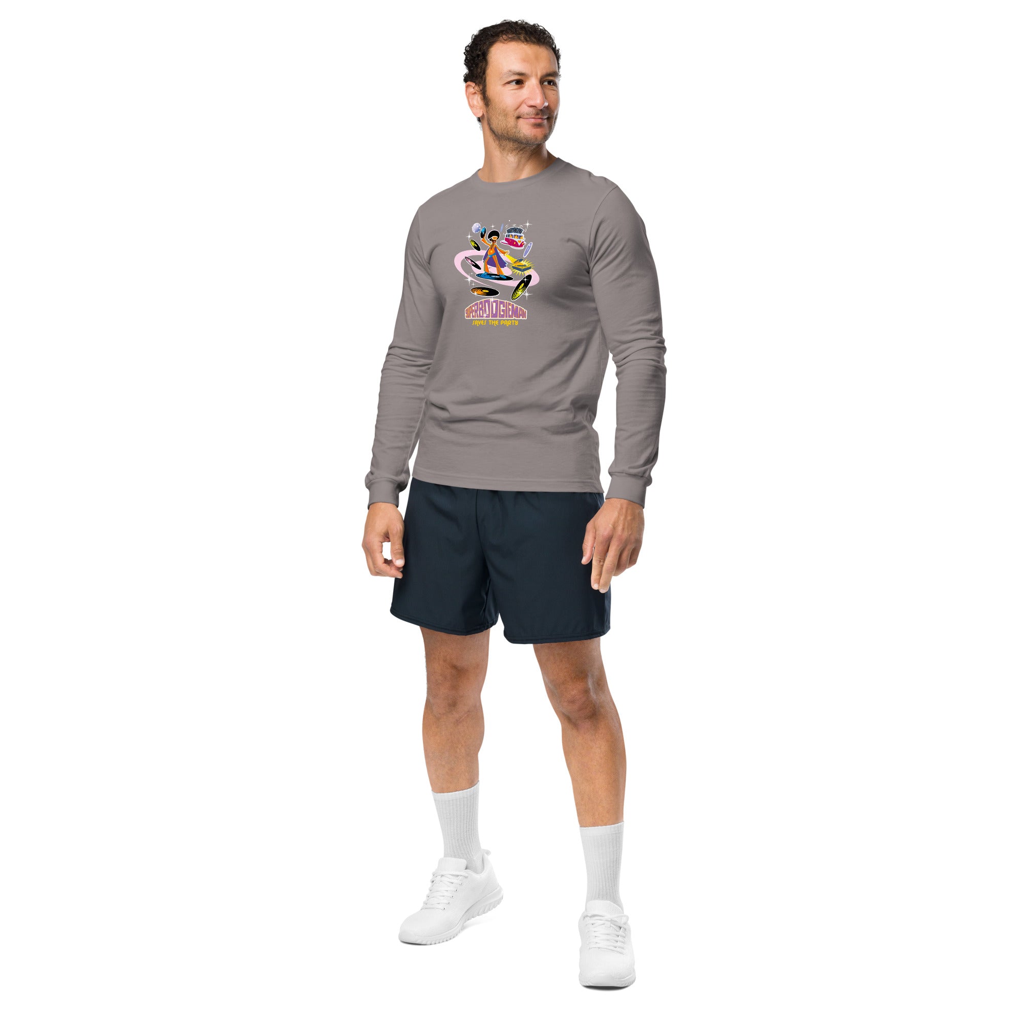 Unisex Long Sleeve Tee Superboogieman Saves the Party (front & back)