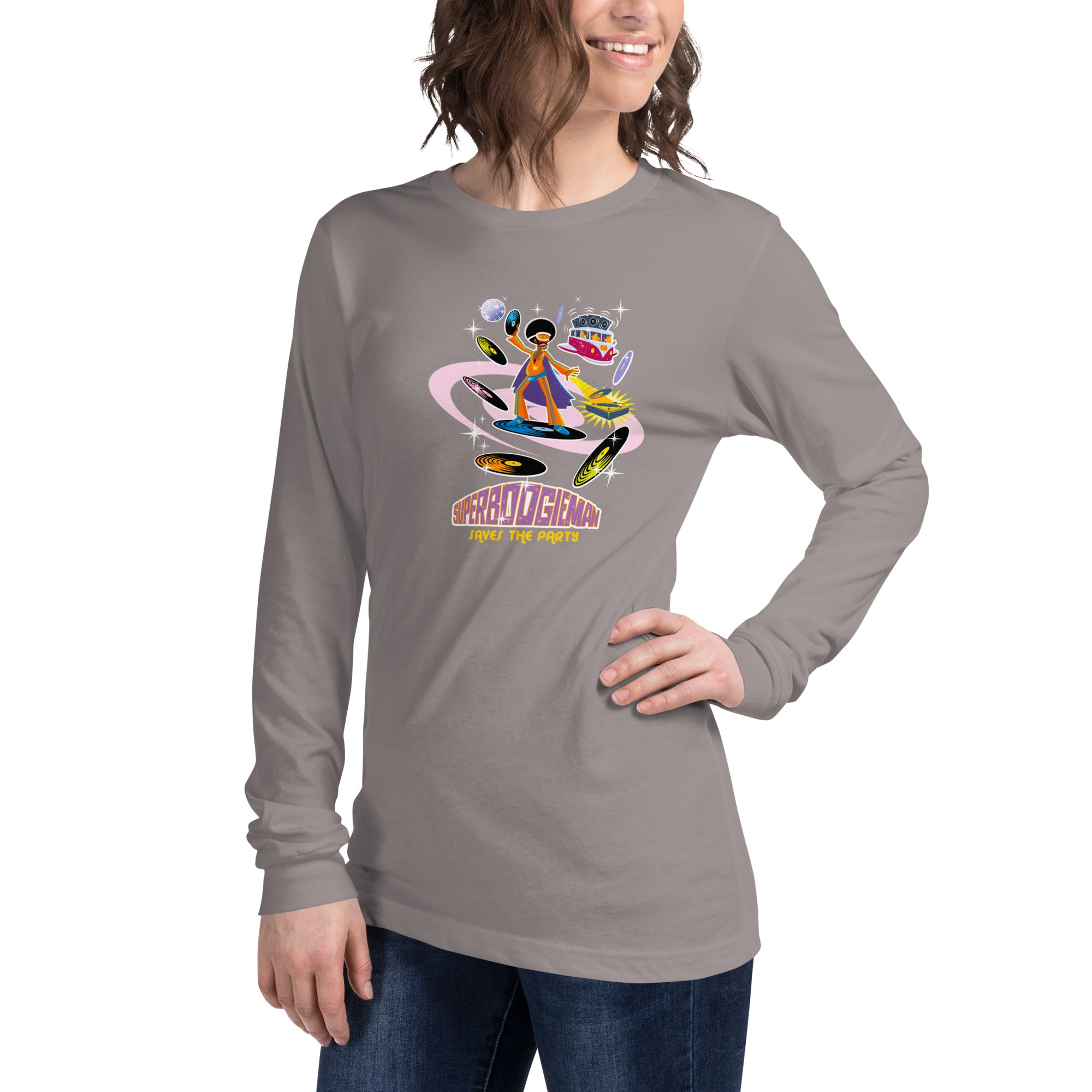 Unisex Long Sleeve Tee Superboogieman Saves the Party (front & back)