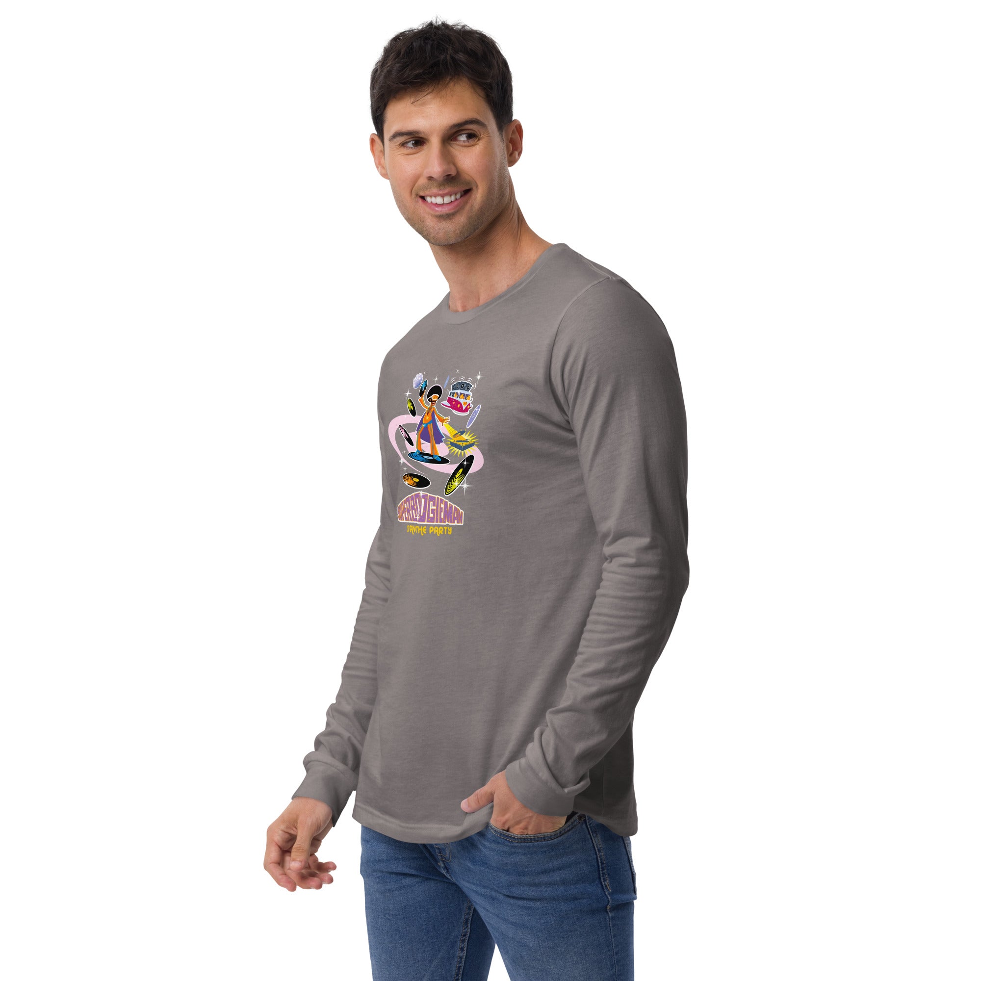 Unisex Long Sleeve Tee Superboogieman Saves the Party (front & back)