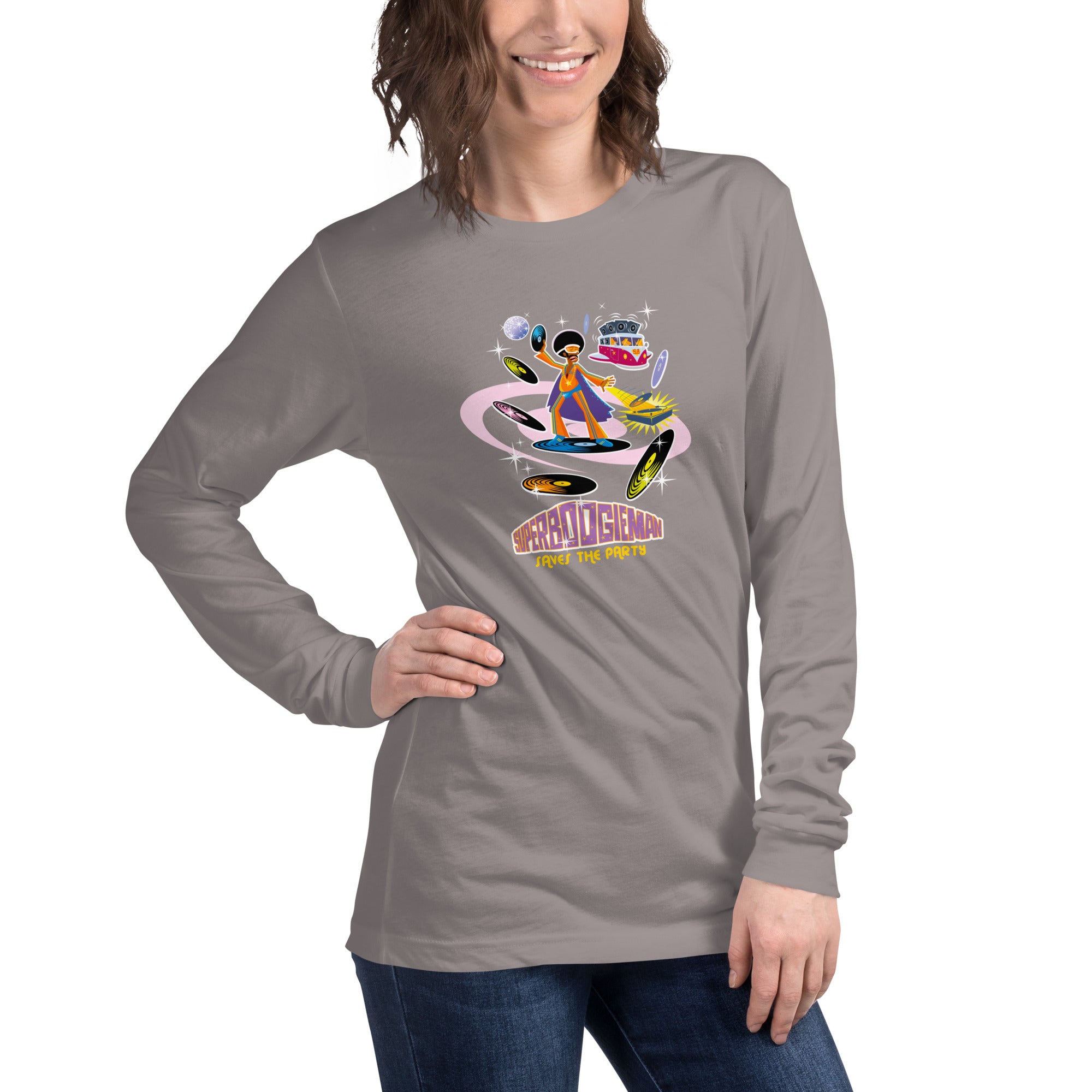 Unisex Long Sleeve Tee Superboogieman Saves the Party (front & back)
