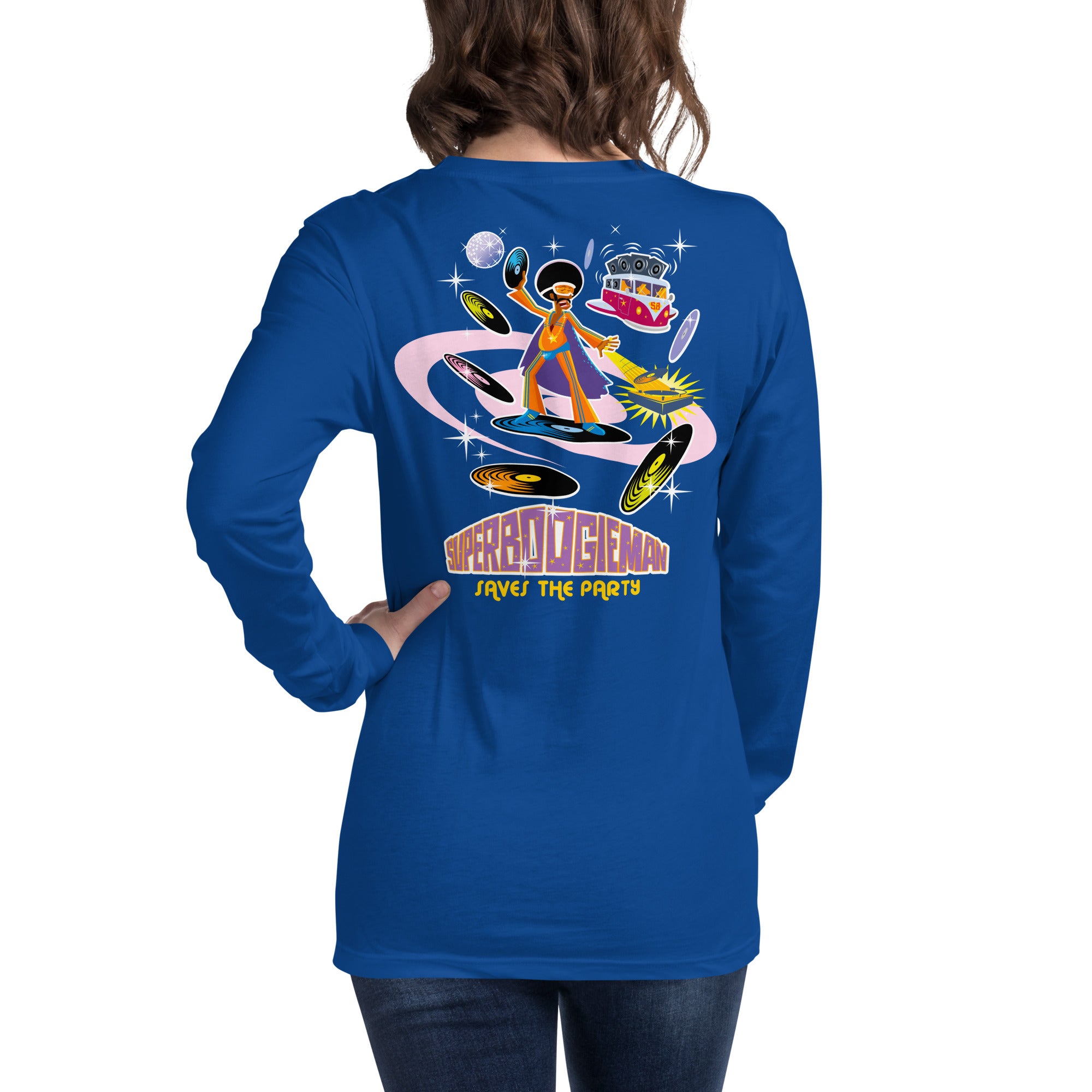 Unisex Long Sleeve Tee Superboogieman Saves the Party (front & back)