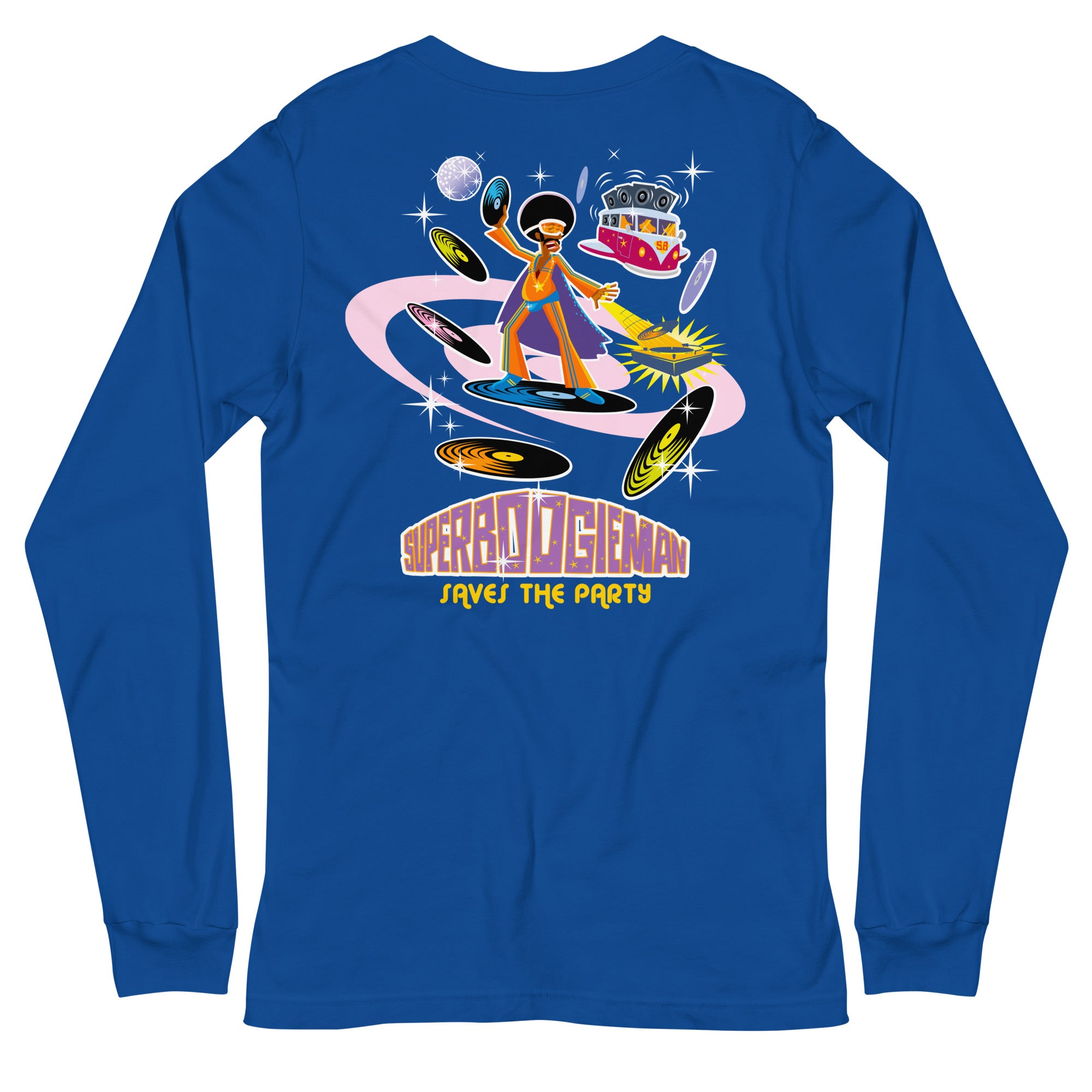 Unisex Long Sleeve Tee Superboogieman Saves the Party (front & back)