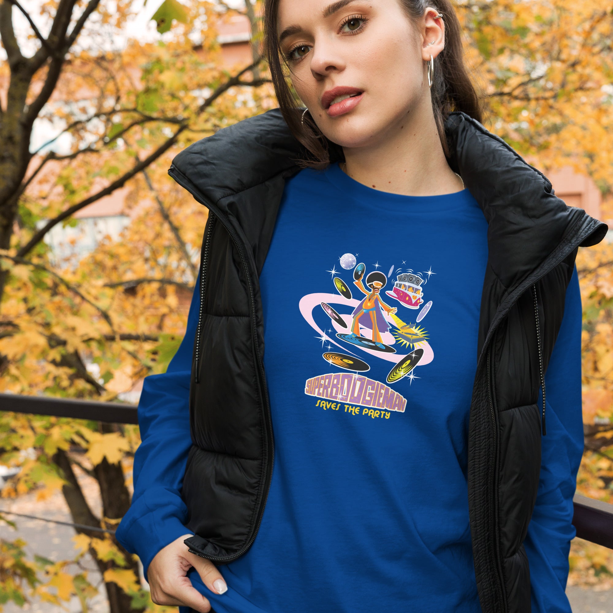 Unisex Long Sleeve Tee Superboogieman Saves the Party (front & back)
