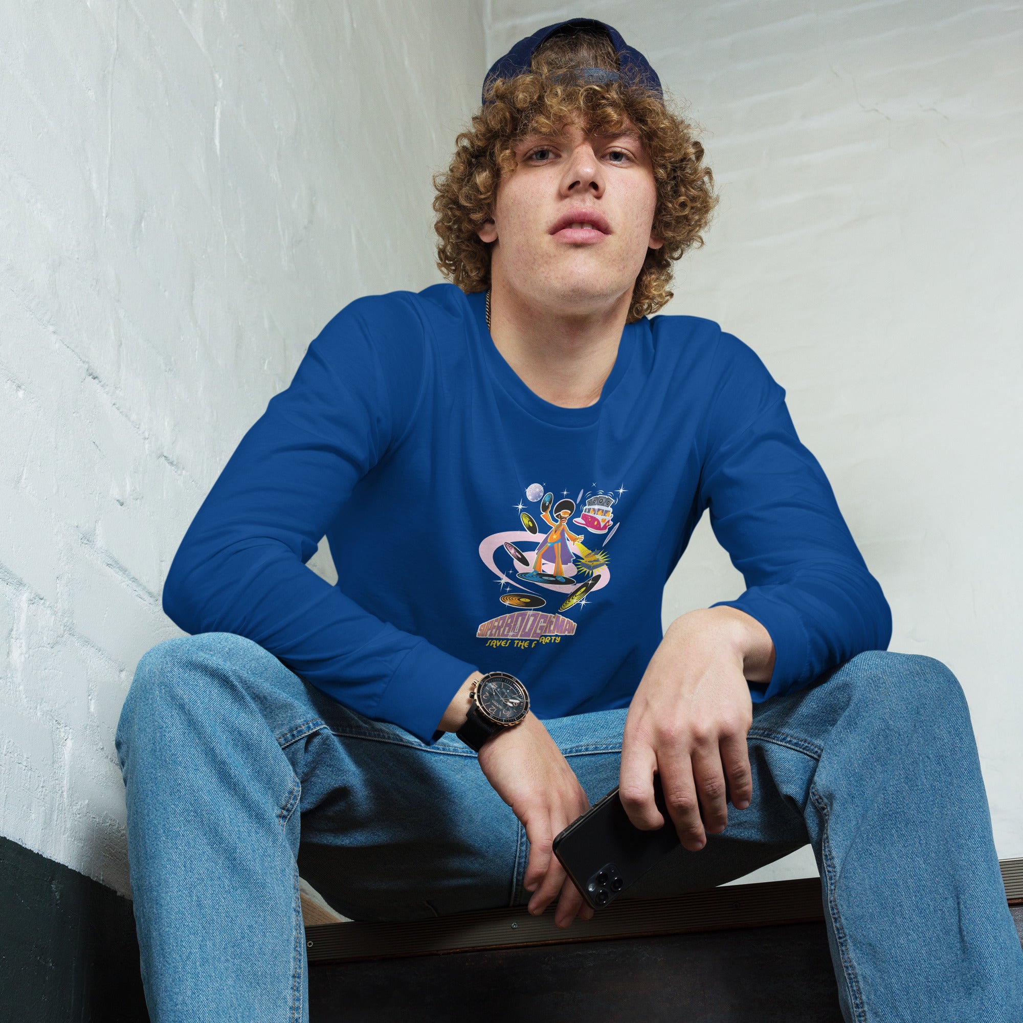 Unisex Long Sleeve Tee Superboogieman Saves the Party (front & back)