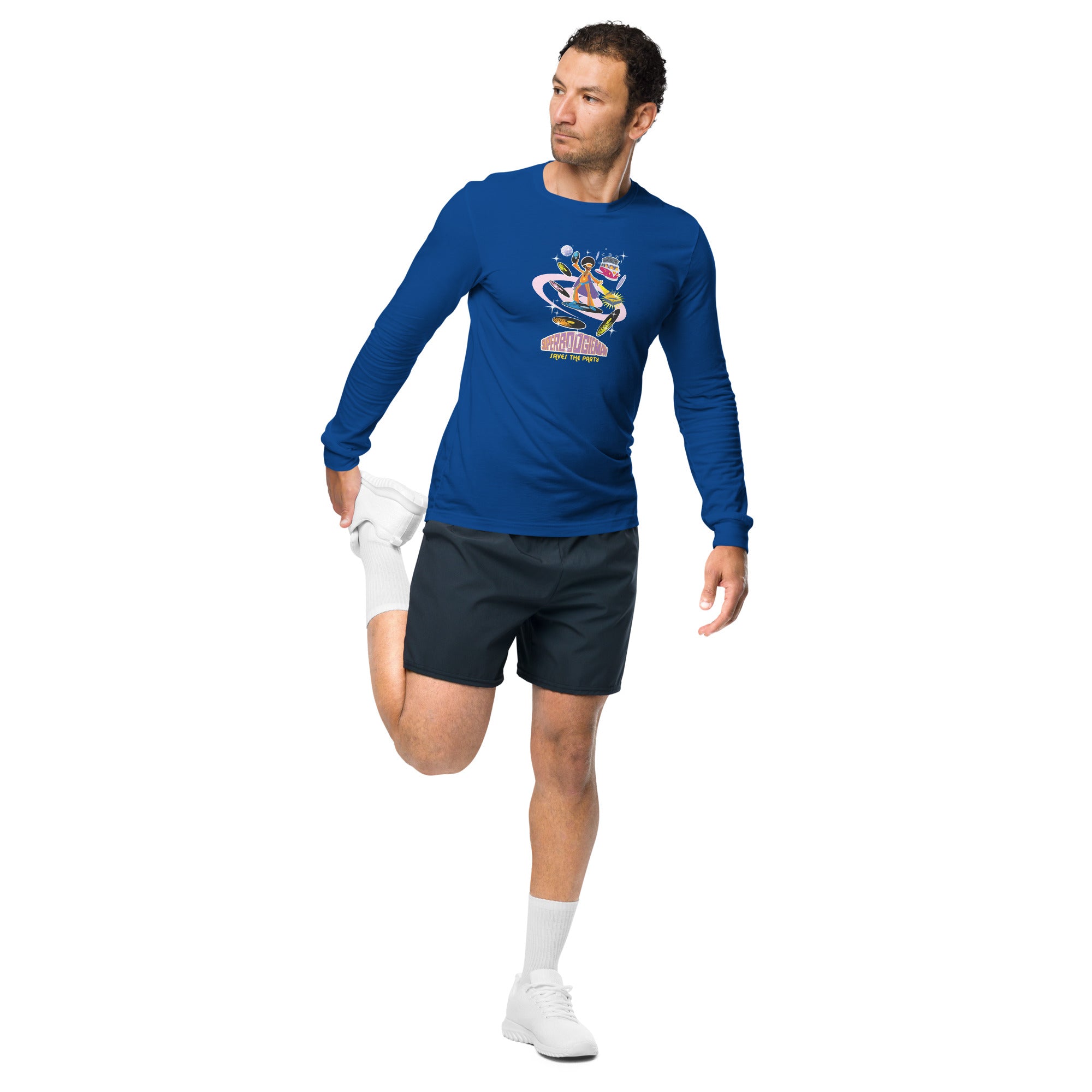 Unisex Long Sleeve Tee Superboogieman Saves the Party (front & back)