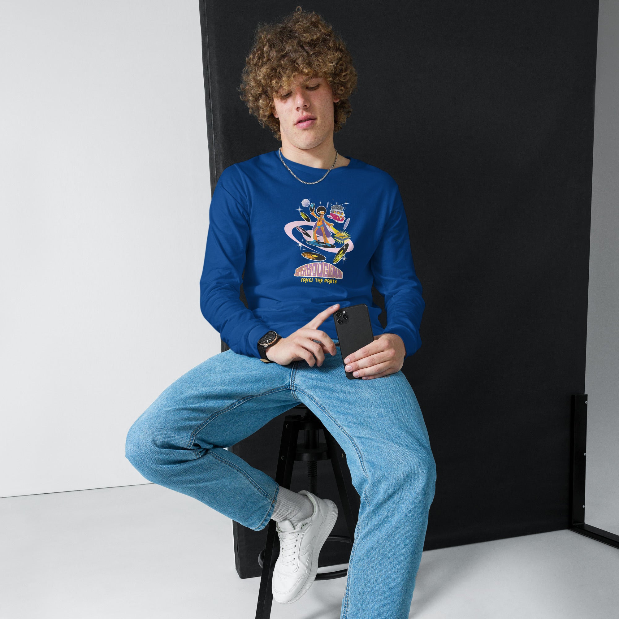 Unisex Long Sleeve Tee Superboogieman Saves the Party (front & back)