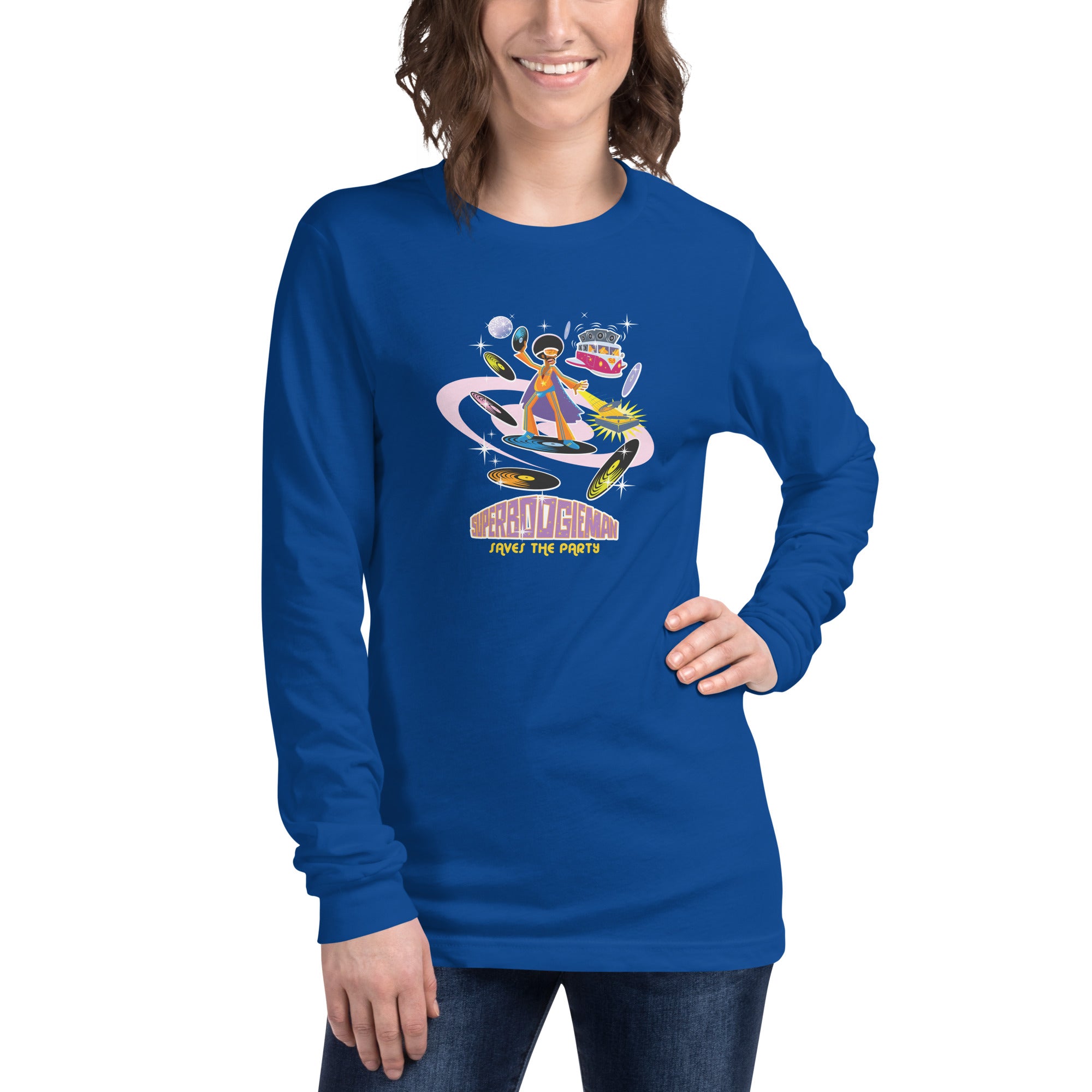 Unisex Long Sleeve Tee Superboogieman Saves the Party (front & back)