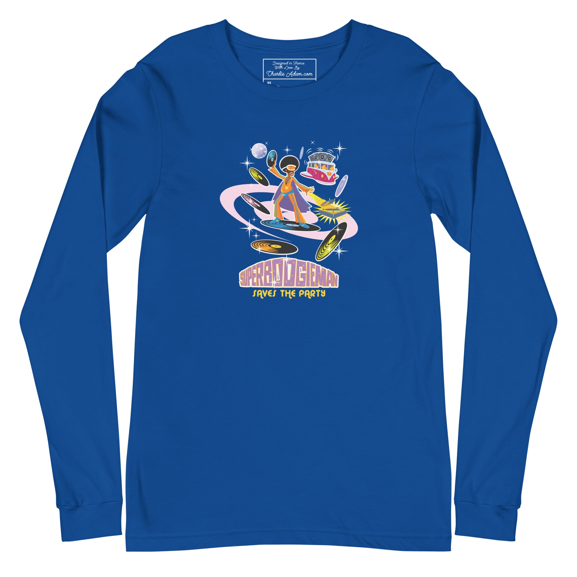 Unisex Long Sleeve Tee Superboogieman Saves the Party (front & back)