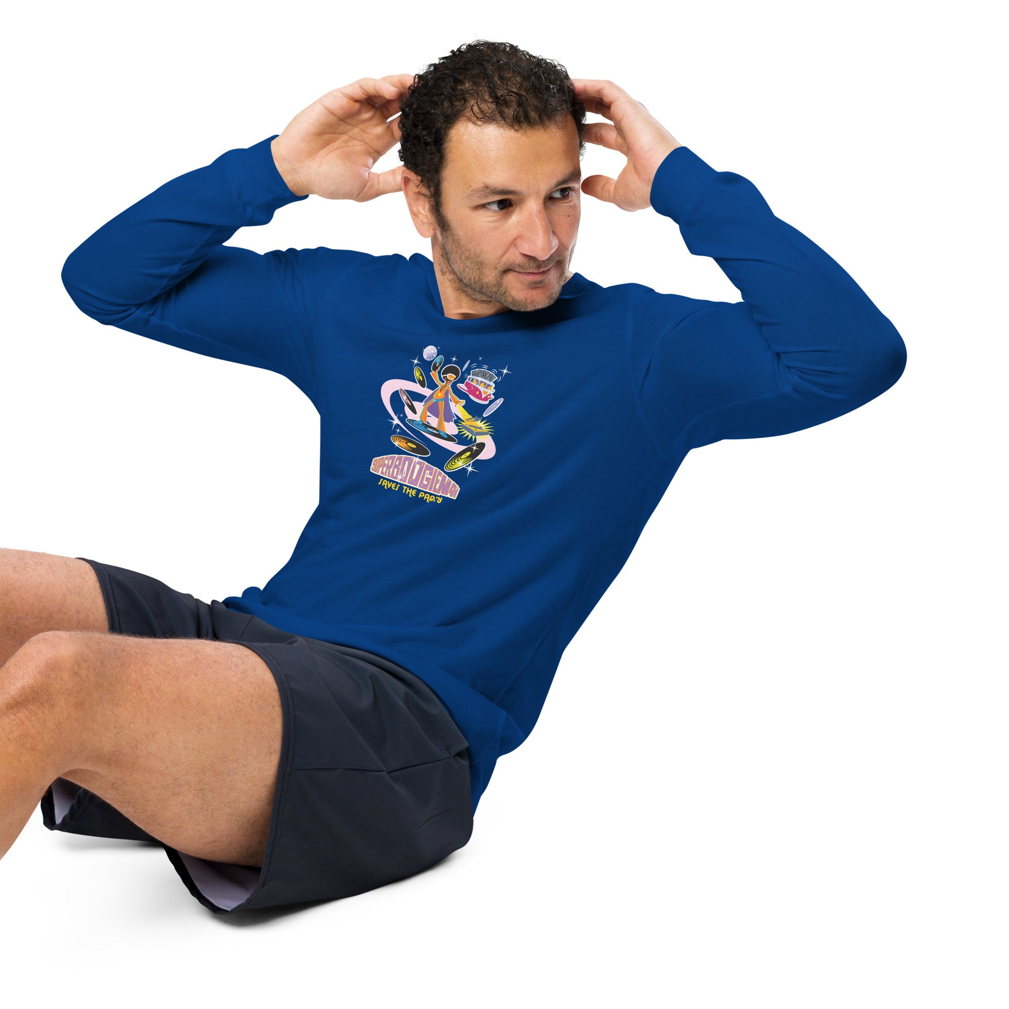 Unisex Long Sleeve Tee Superboogieman Saves the Party (front & back)