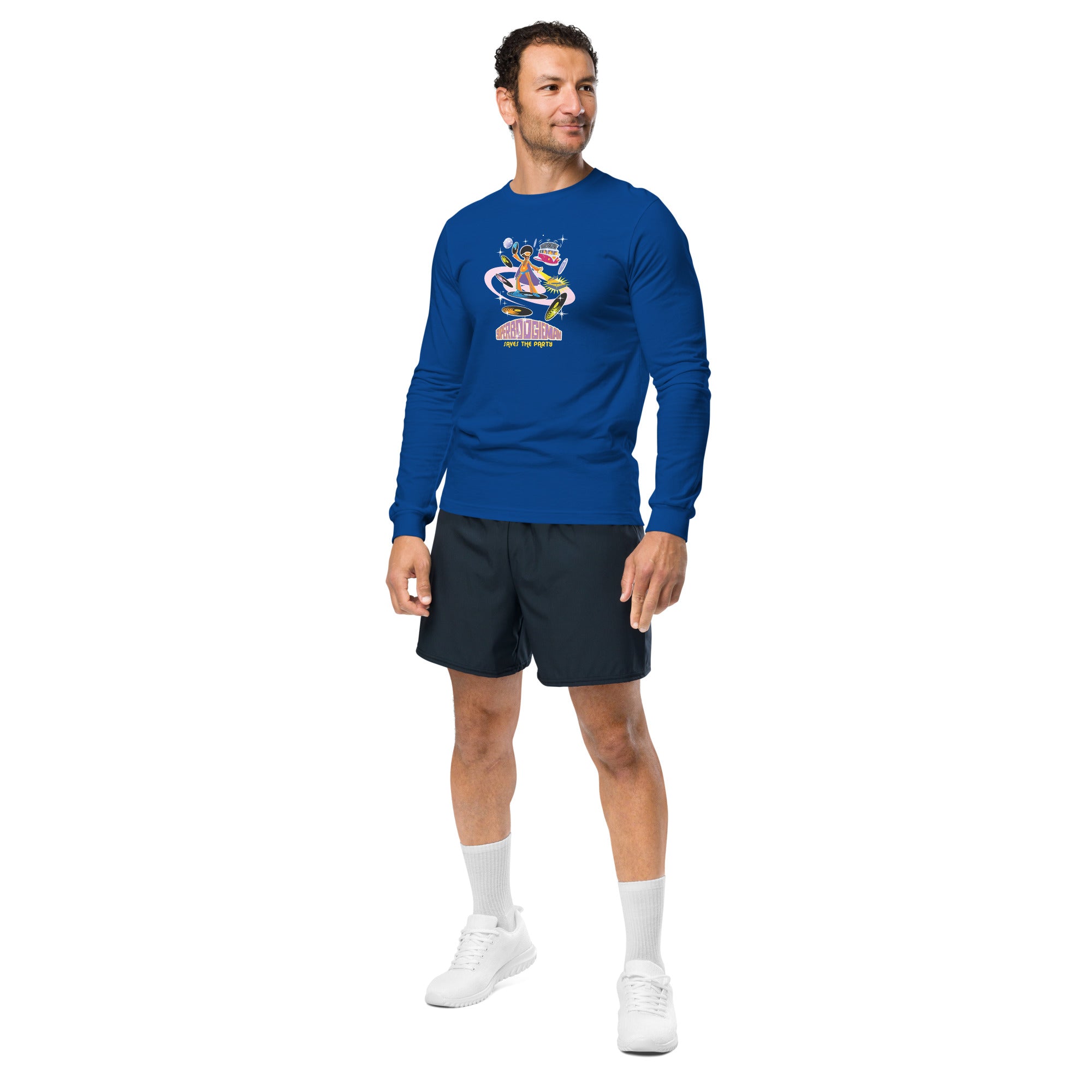 Unisex Long Sleeve Tee Superboogieman Saves the Party (front & back)