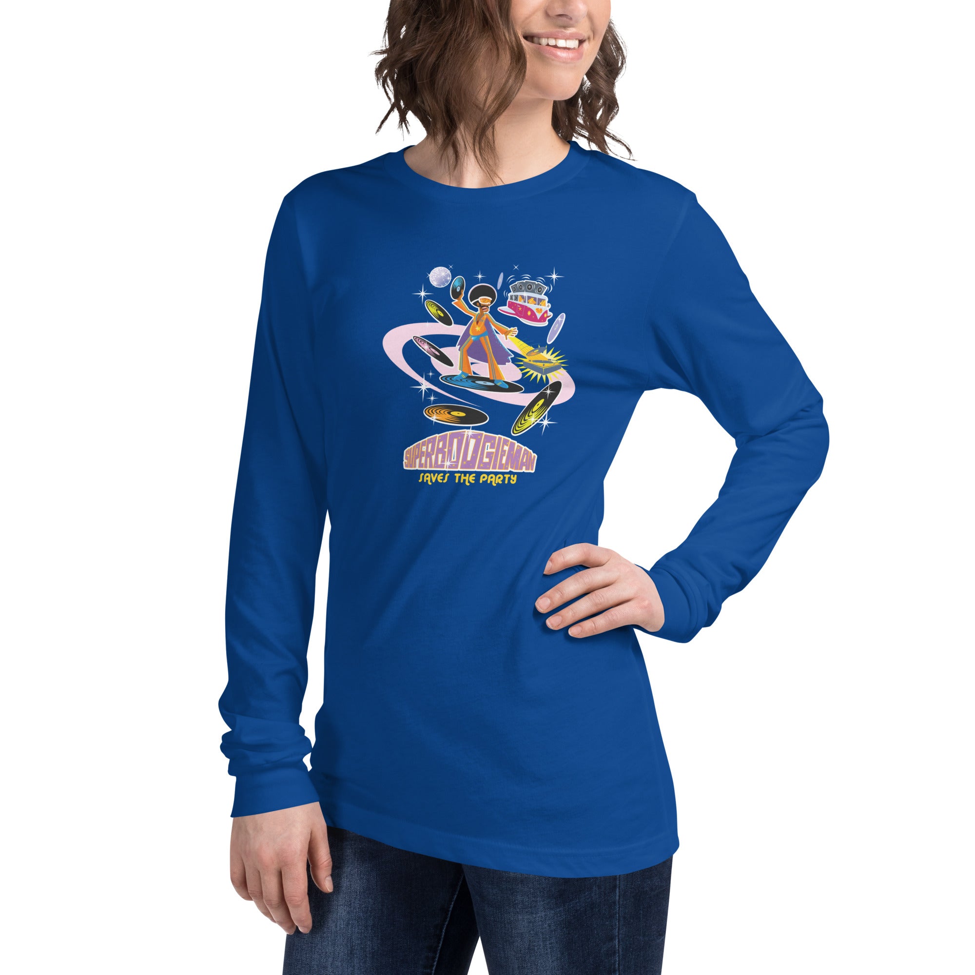 Unisex Long Sleeve Tee Superboogieman Saves the Party (front & back)