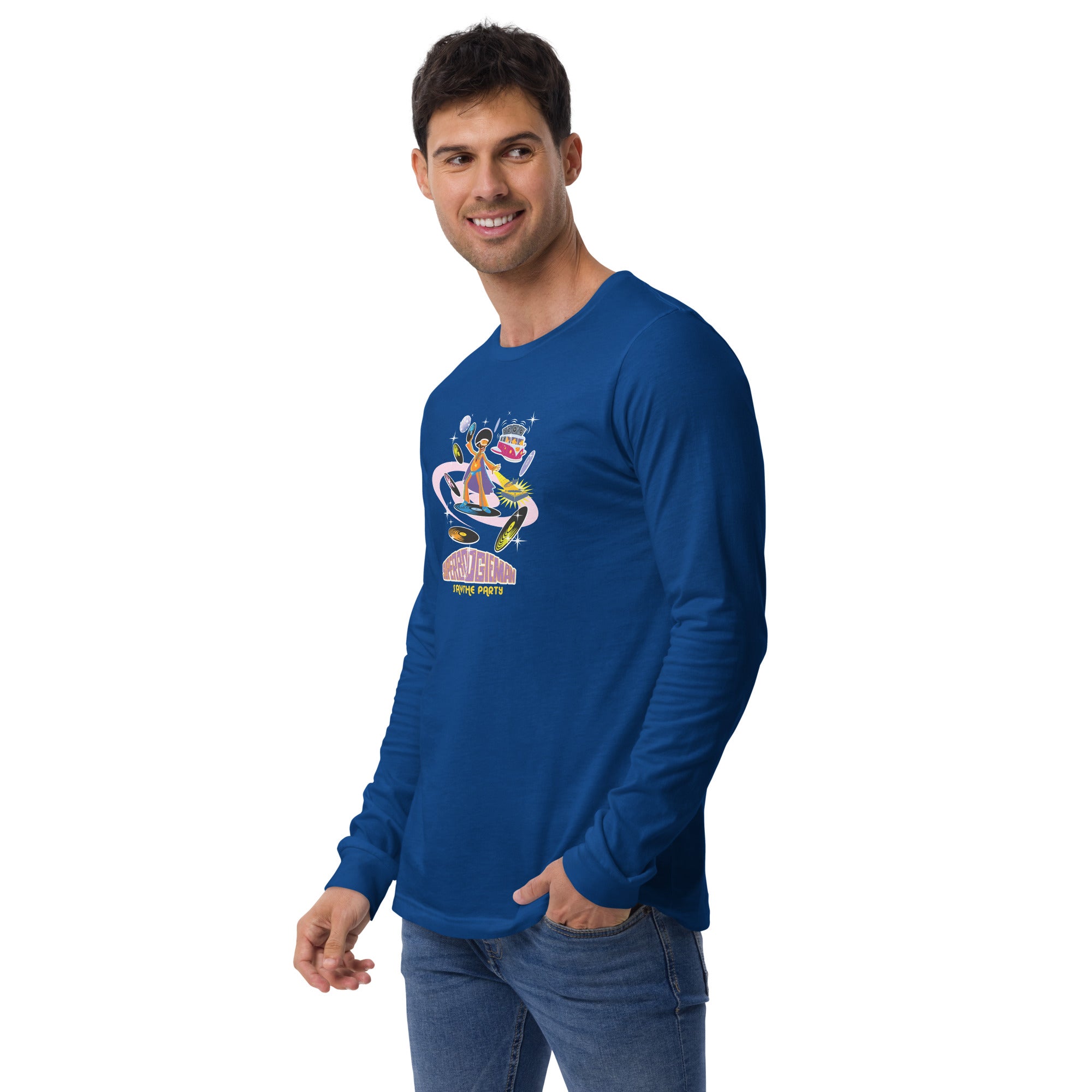 Unisex Long Sleeve Tee Superboogieman Saves the Party (front & back)