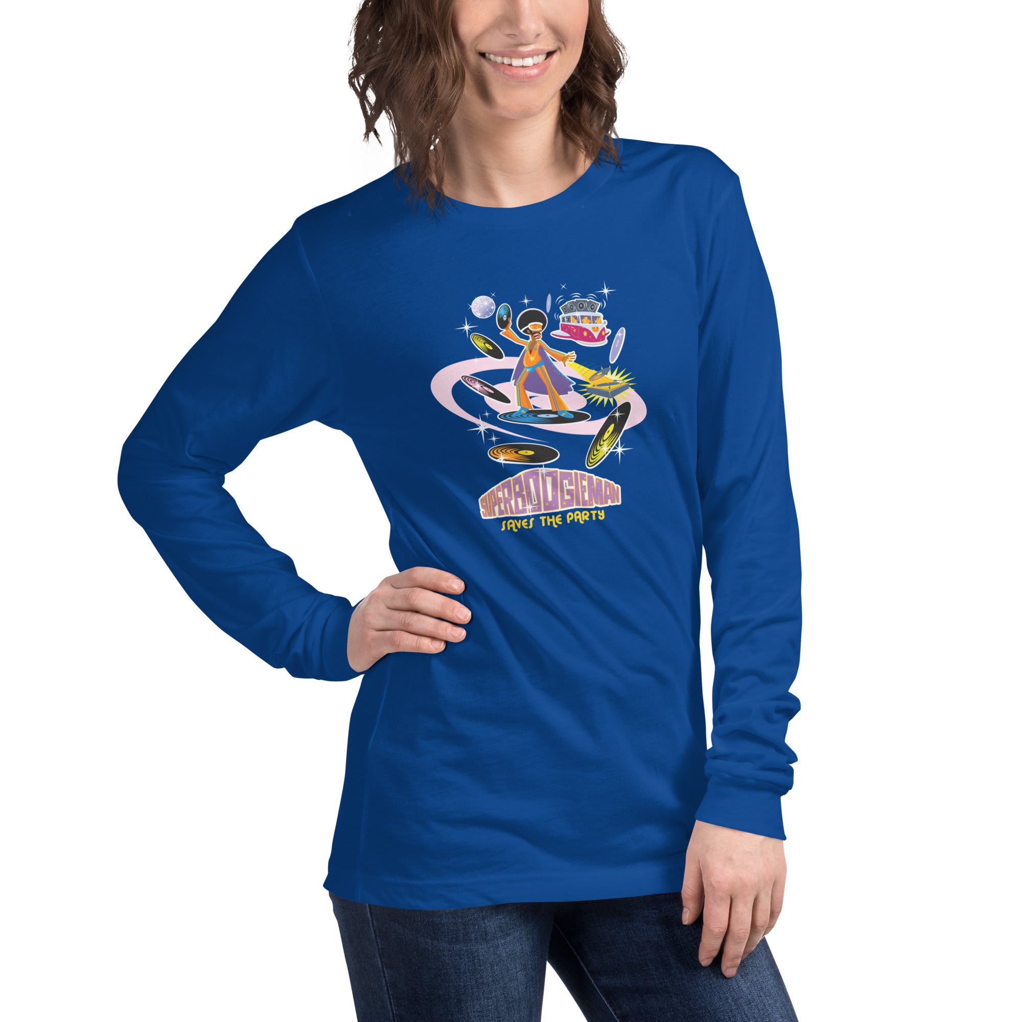 Unisex Long Sleeve Tee Superboogieman Saves the Party (front & back)
