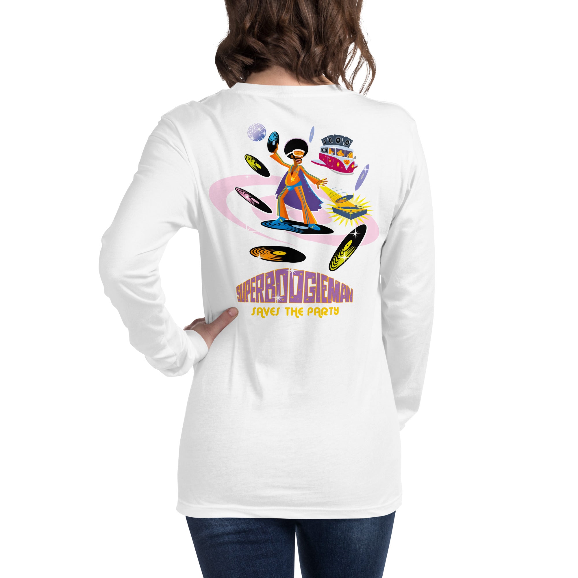 Unisex Long Sleeve Tee Superboogieman Saves the Party (front & back)