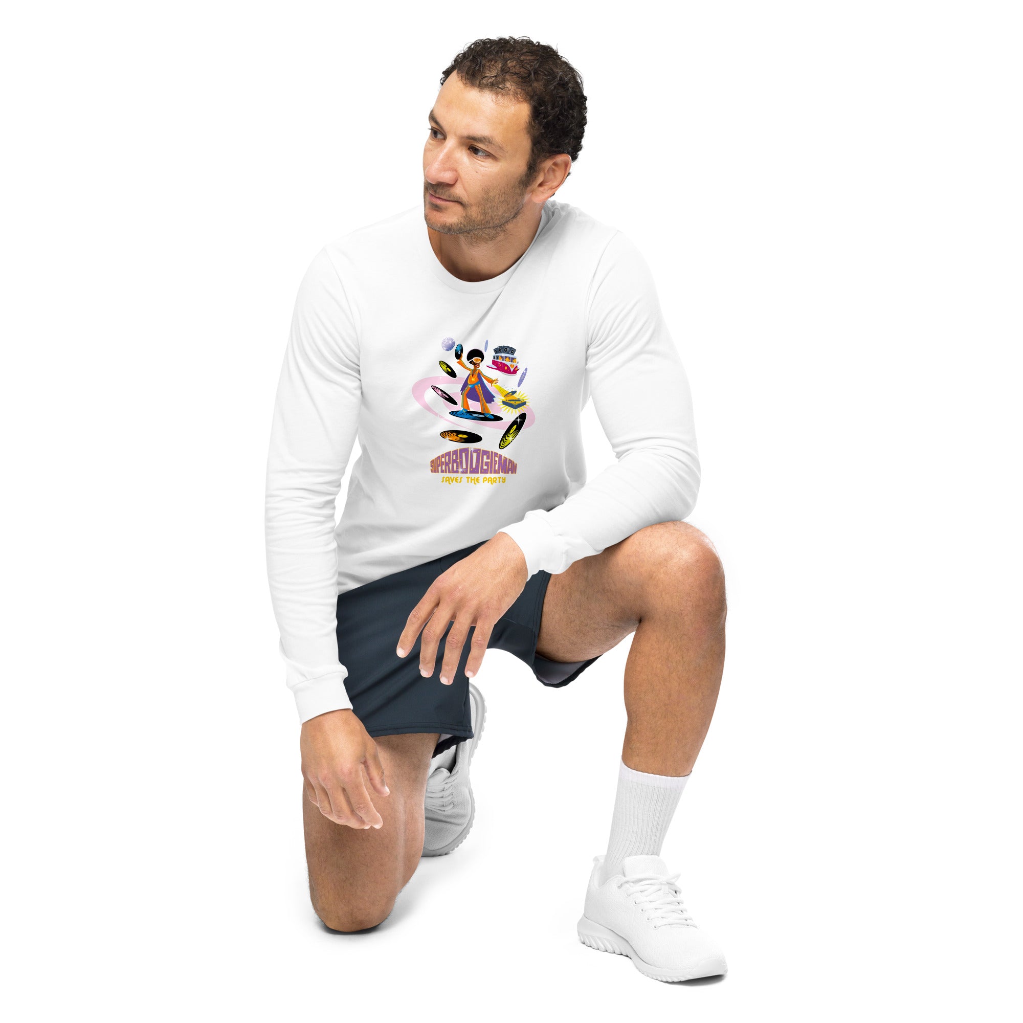 Unisex Long Sleeve Tee Superboogieman Saves the Party (front & back)