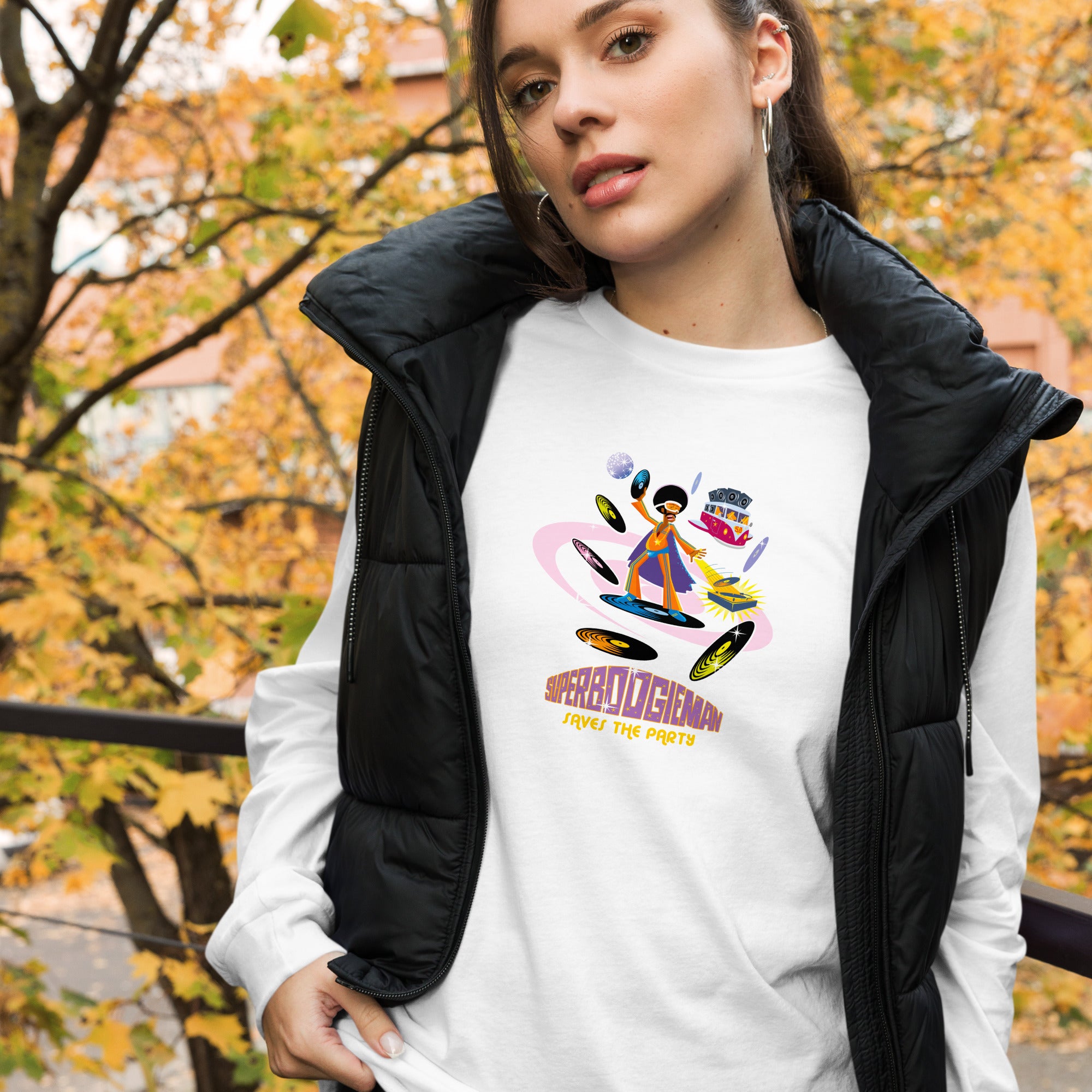 Unisex Long Sleeve Tee Superboogieman Saves the Party (front & back)