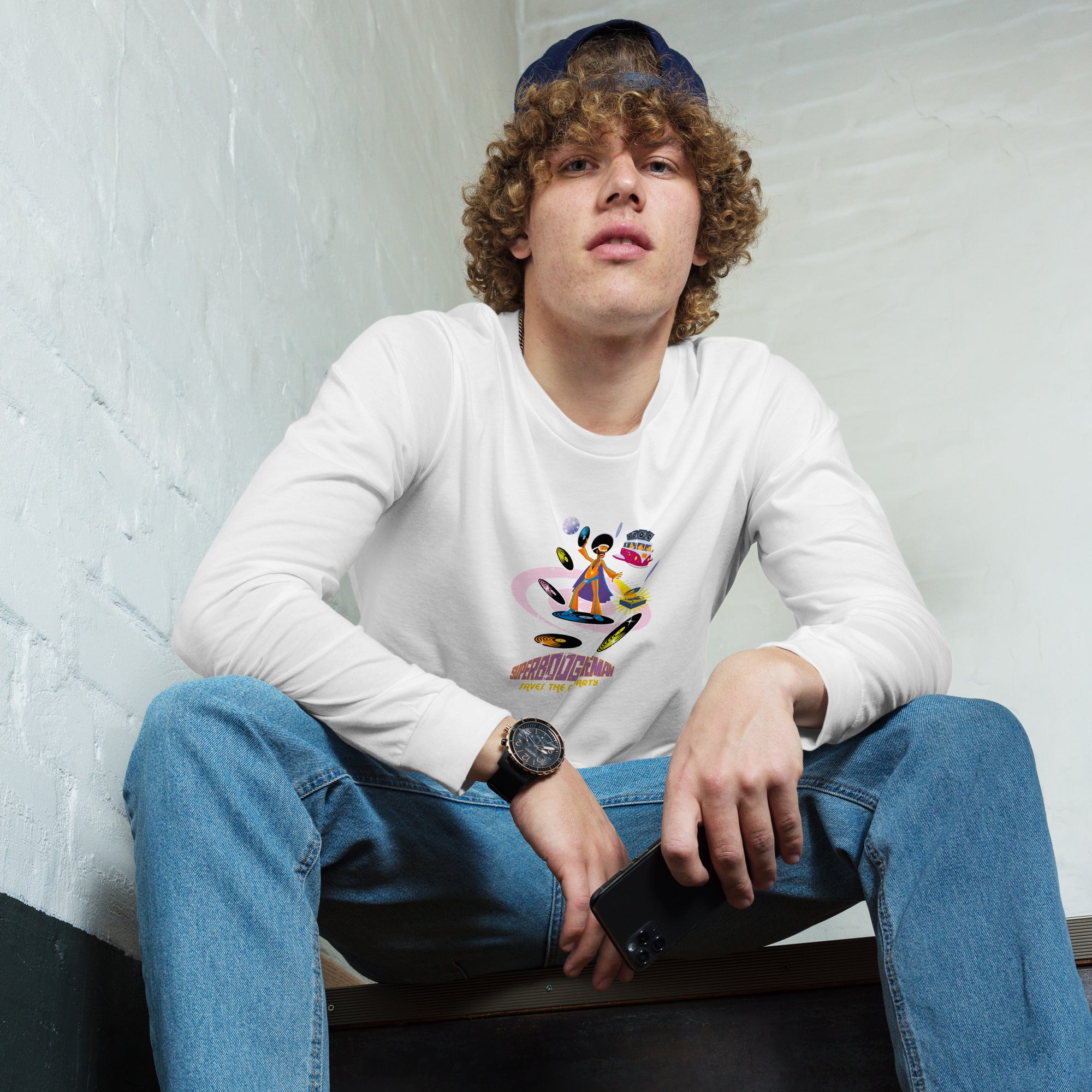 Unisex Long Sleeve Tee Superboogieman Saves the Party (front & back)