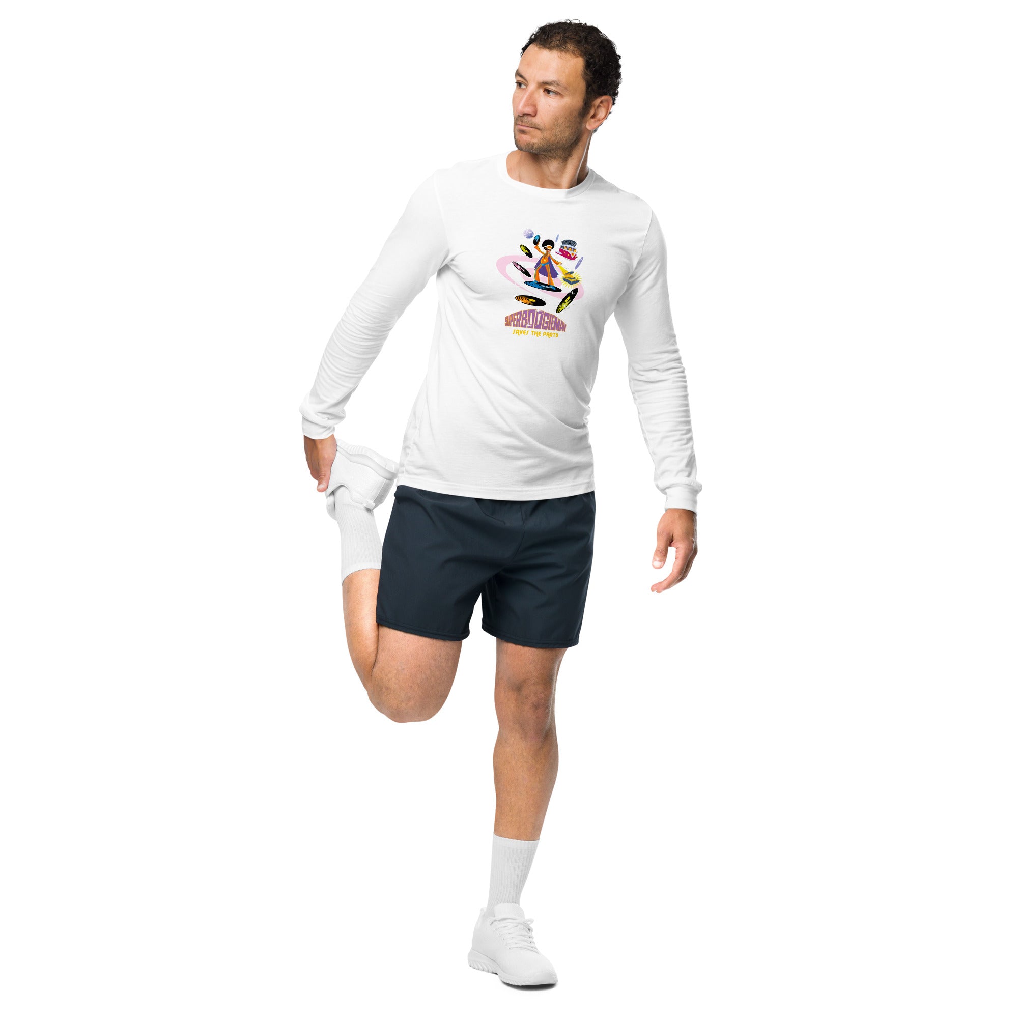 Unisex Long Sleeve Tee Superboogieman Saves the Party (front & back)
