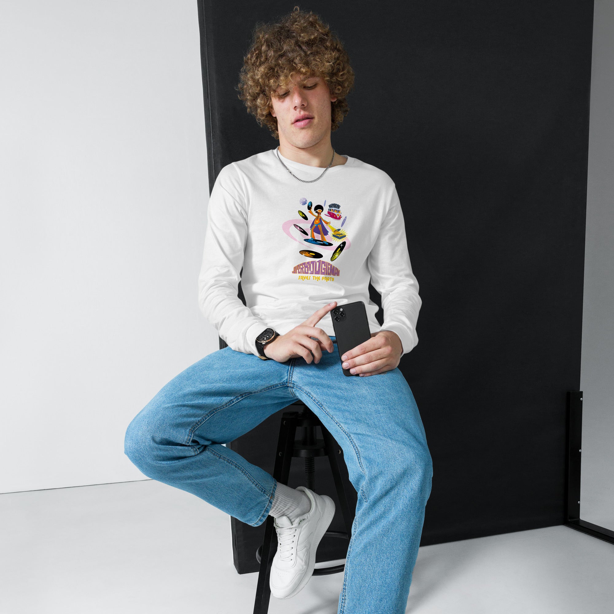 Unisex Long Sleeve Tee Superboogieman Saves the Party (front & back)