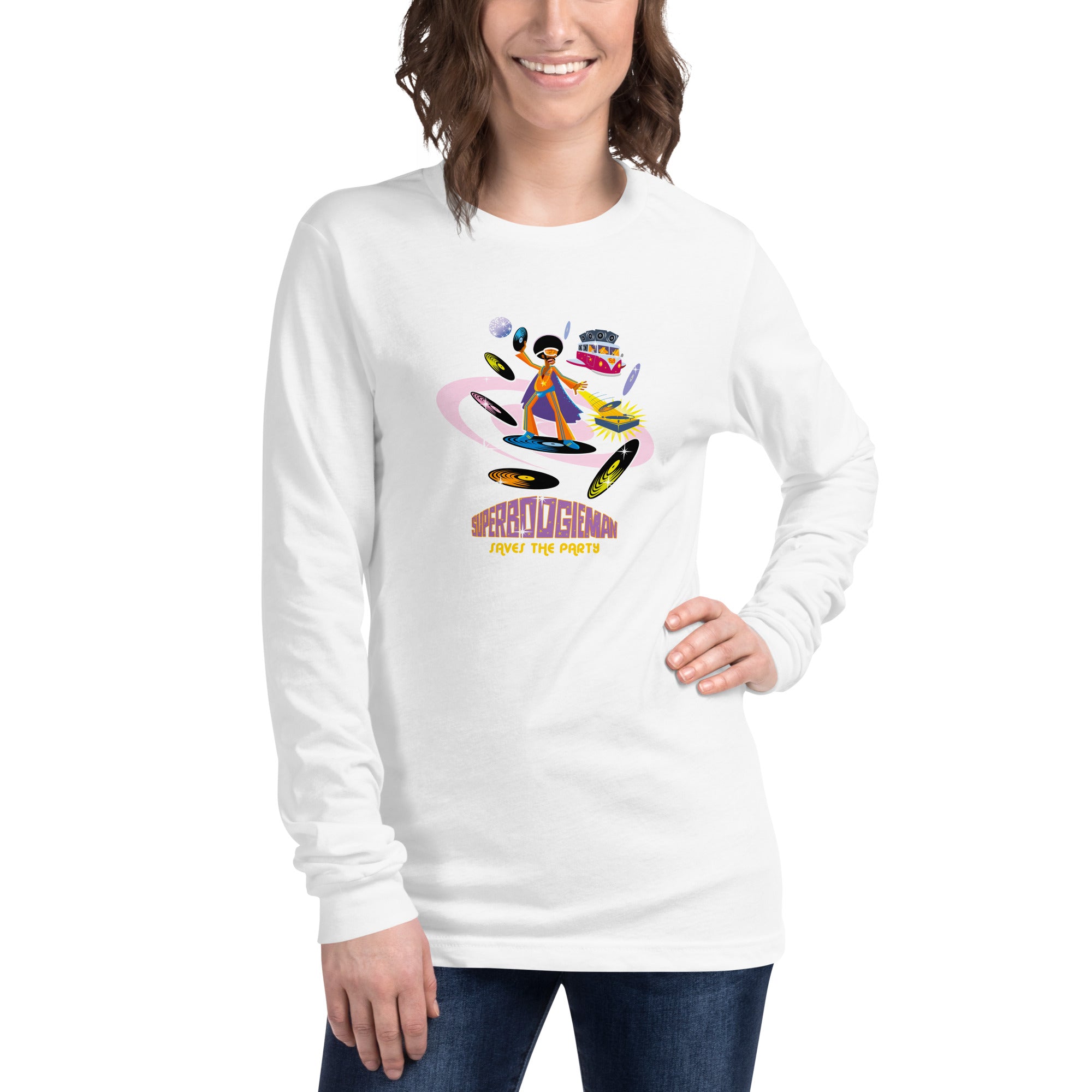 Unisex Long Sleeve Tee Superboogieman Saves the Party (front & back)