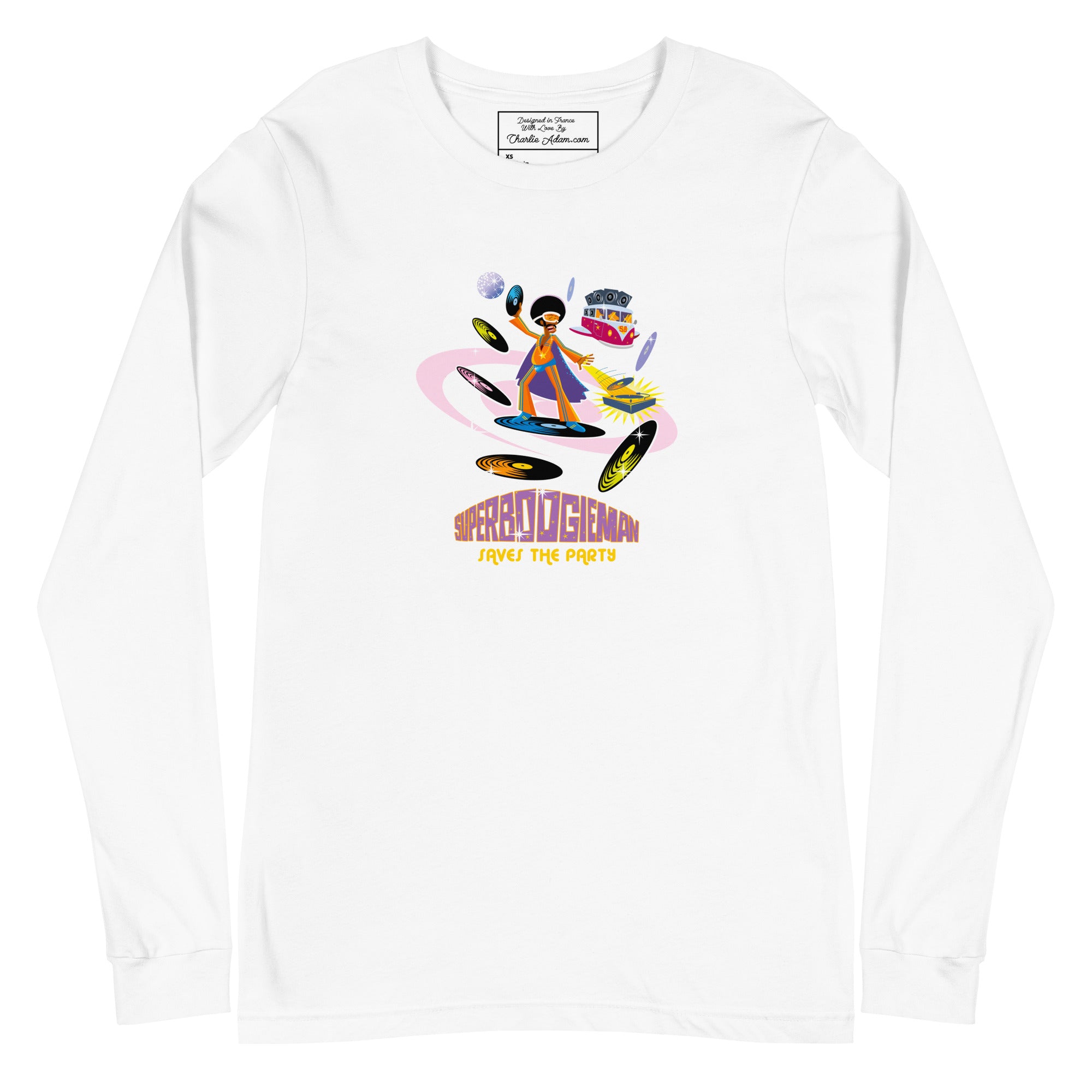 Unisex Long Sleeve Tee Superboogieman Saves the Party (front & back)