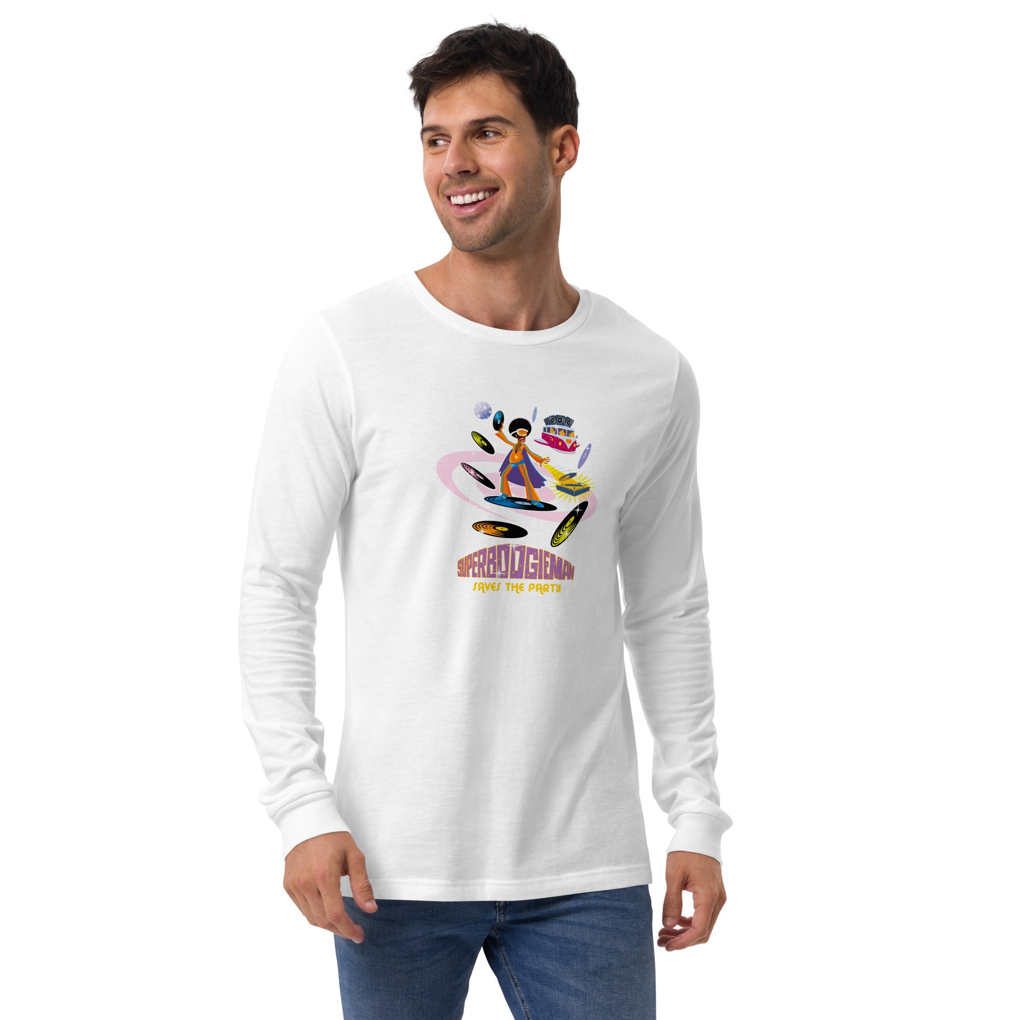 Unisex Long Sleeve Tee Superboogieman Saves the Party (front & back)
