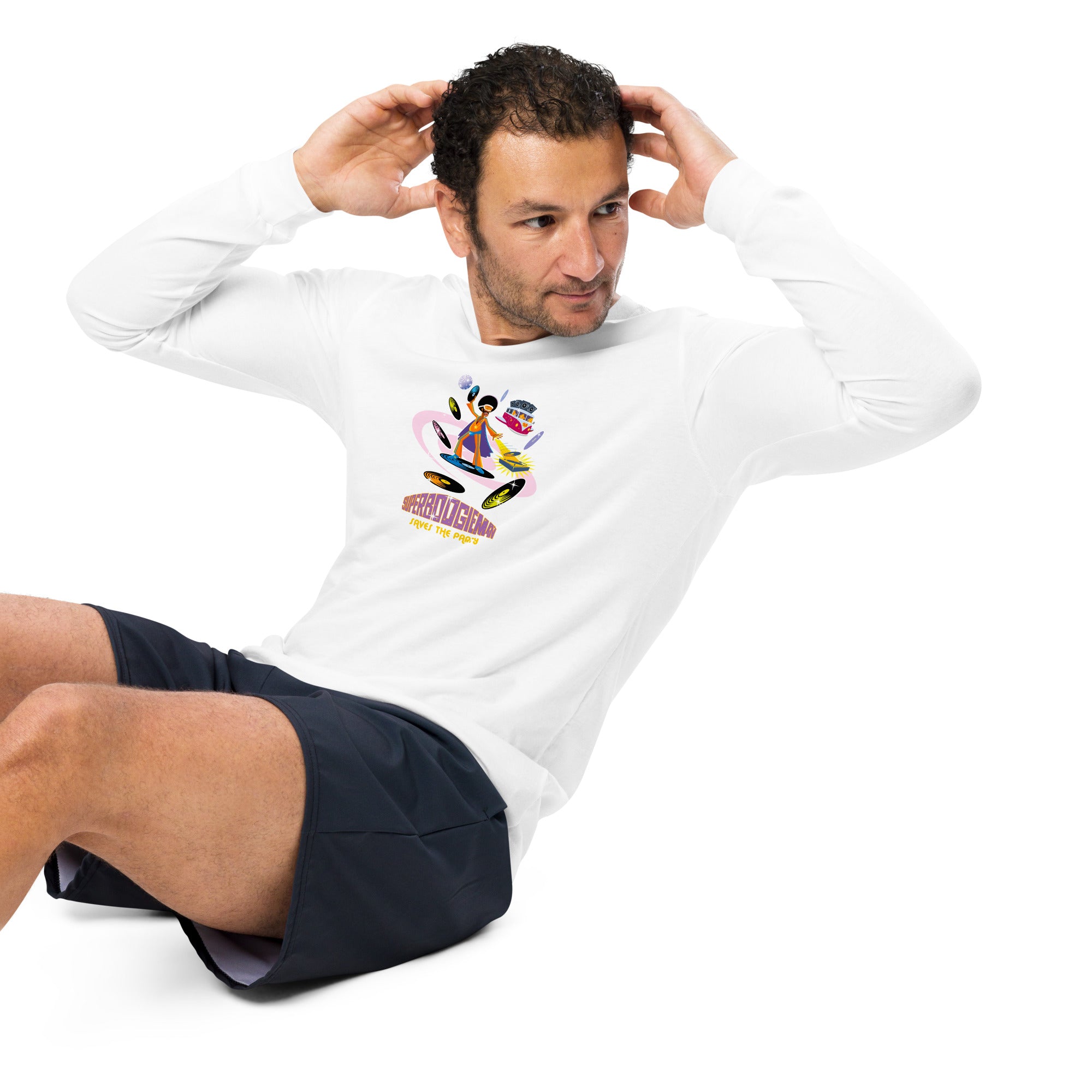 Unisex Long Sleeve Tee Superboogieman Saves the Party (front & back)