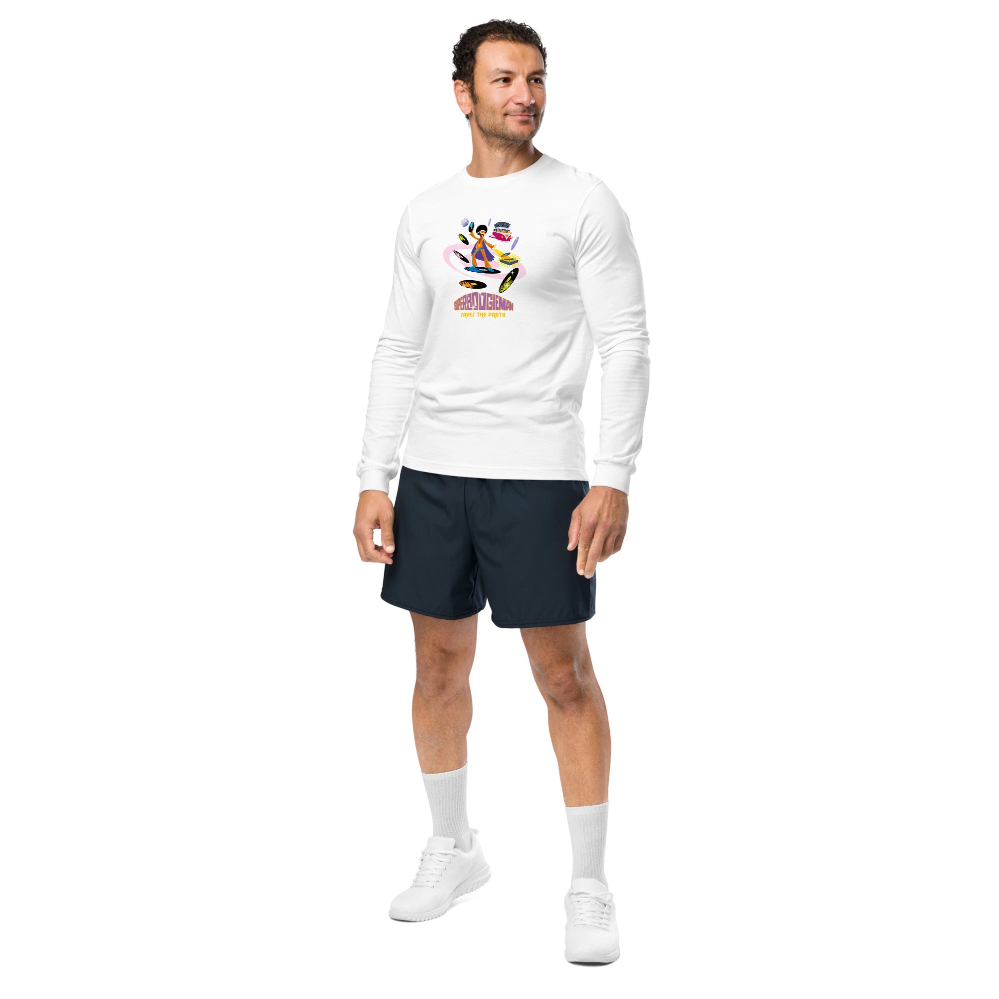 Unisex Long Sleeve Tee Superboogieman Saves the Party (front & back)