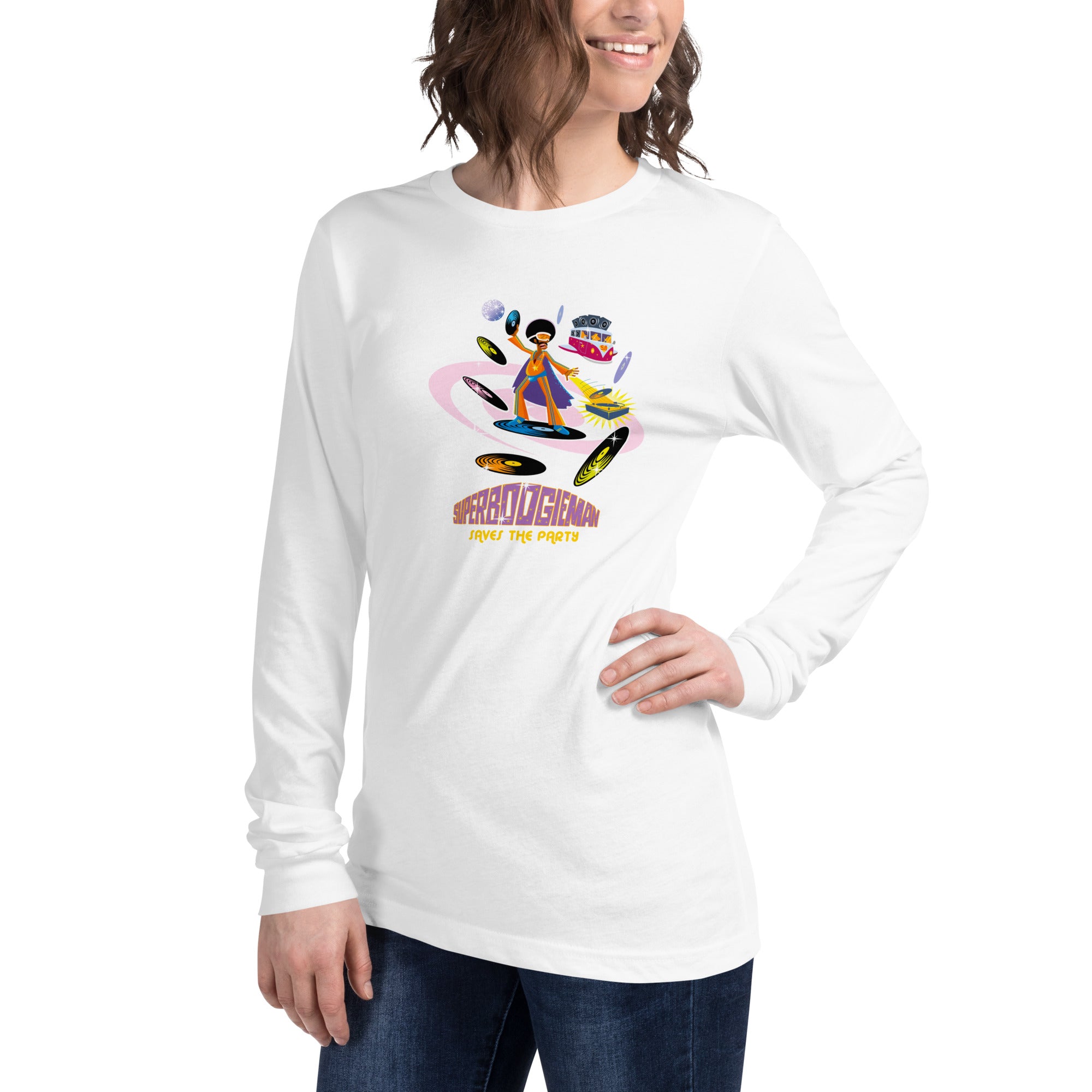 Unisex Long Sleeve Tee Superboogieman Saves the Party (front & back)