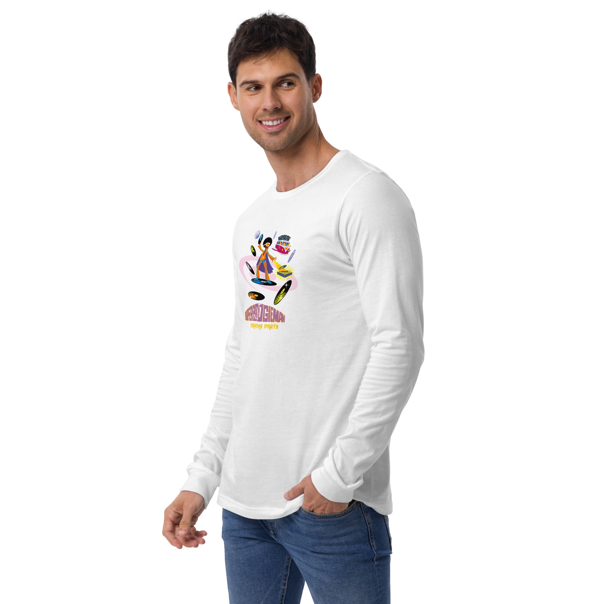 Unisex Long Sleeve Tee Superboogieman Saves the Party (front & back)