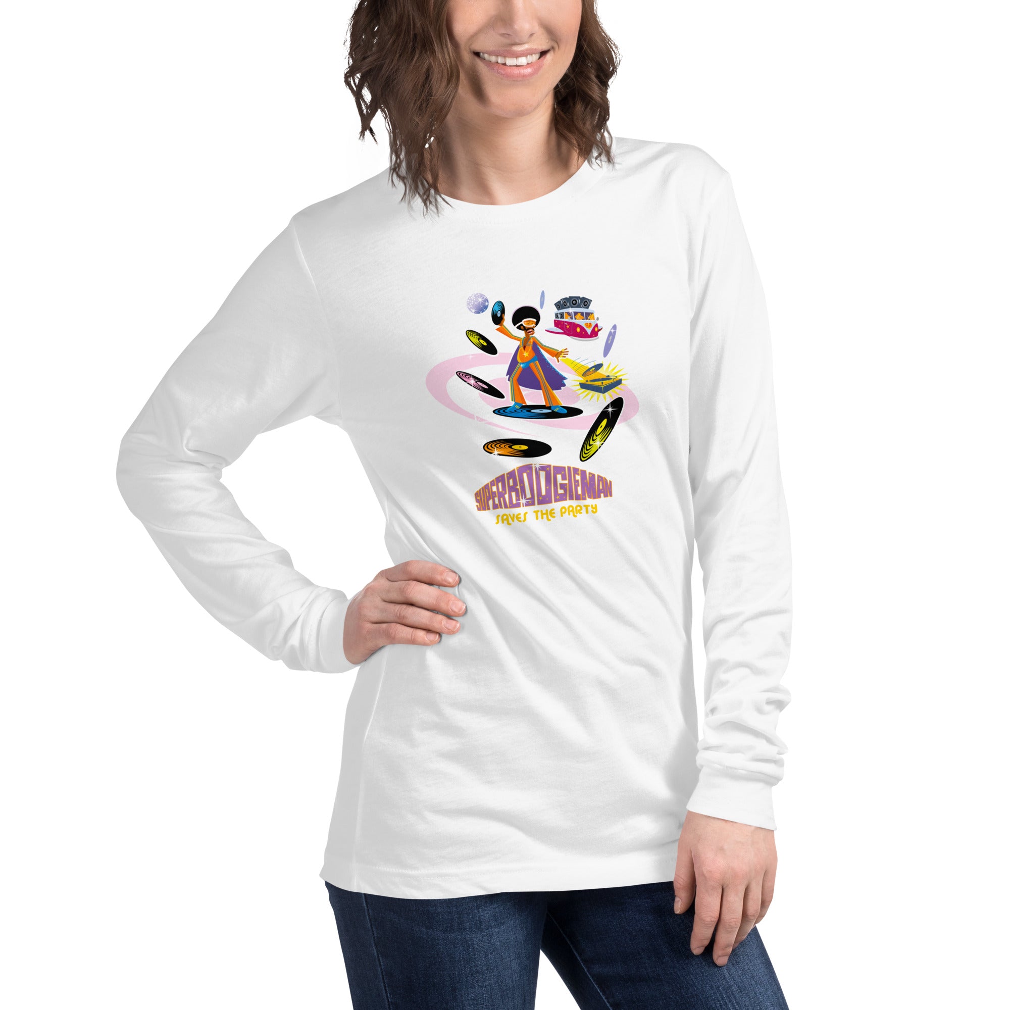 Unisex Long Sleeve Tee Superboogieman Saves the Party (front & back)
