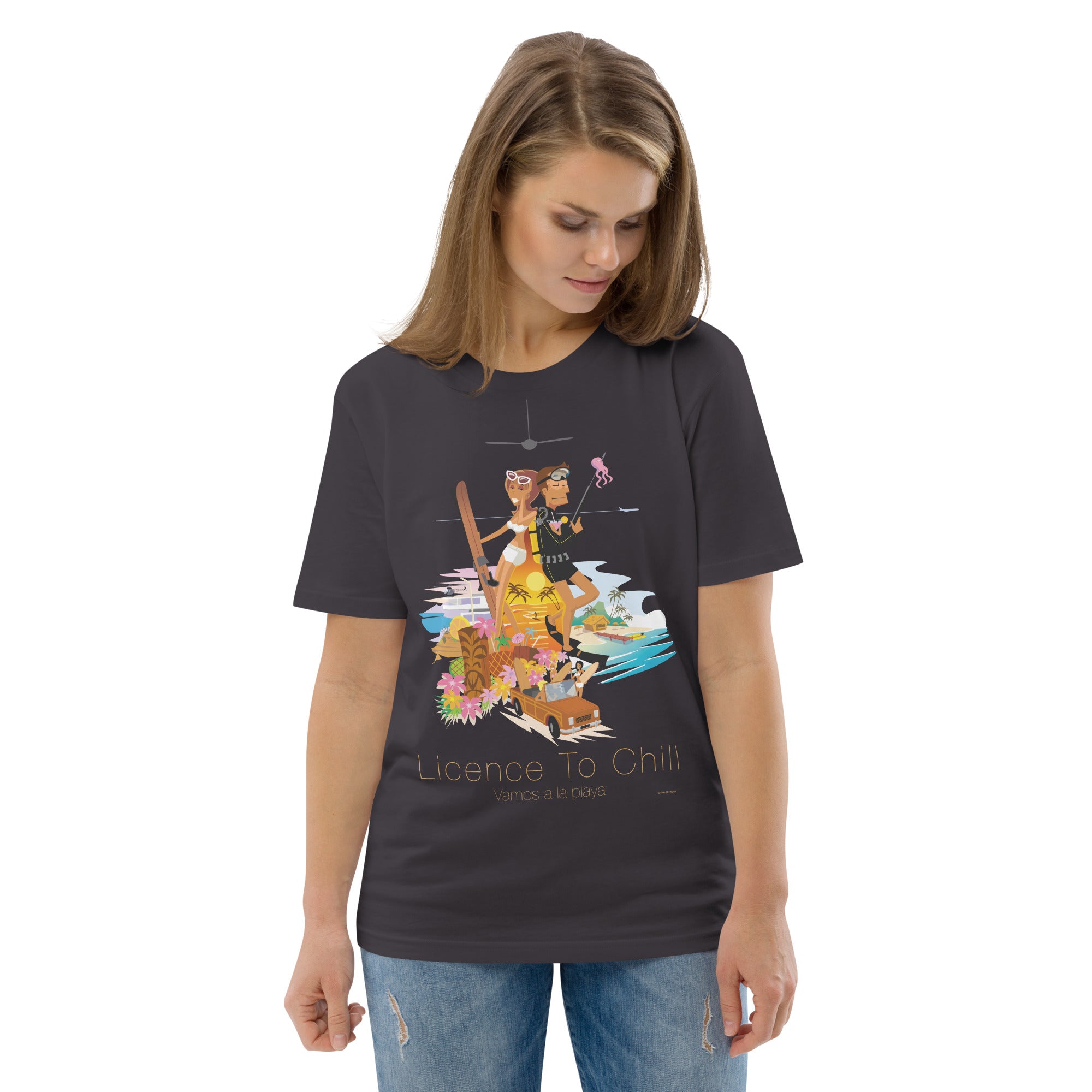 Unisex organic cotton t-shirt License To Chill Vamos a la Playa on dark colors