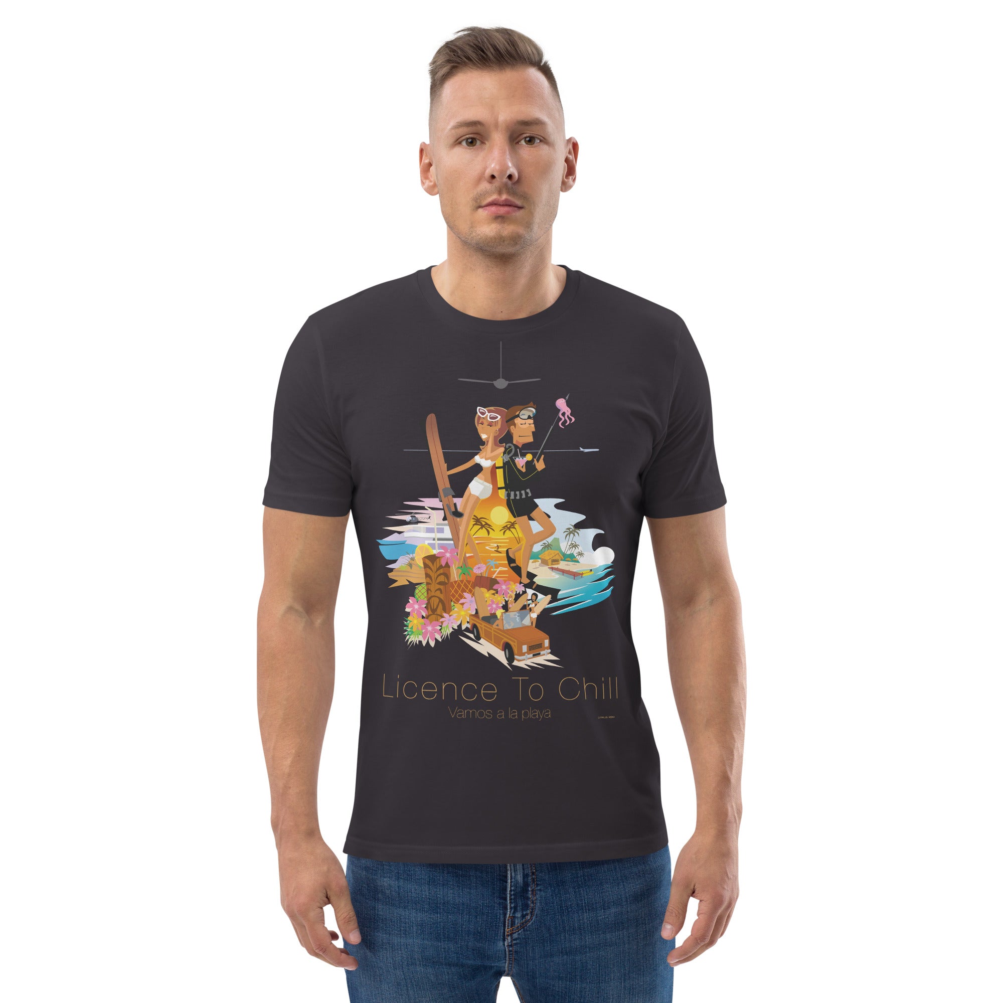Unisex organic cotton t-shirt License To Chill Vamos a la Playa on dark colors