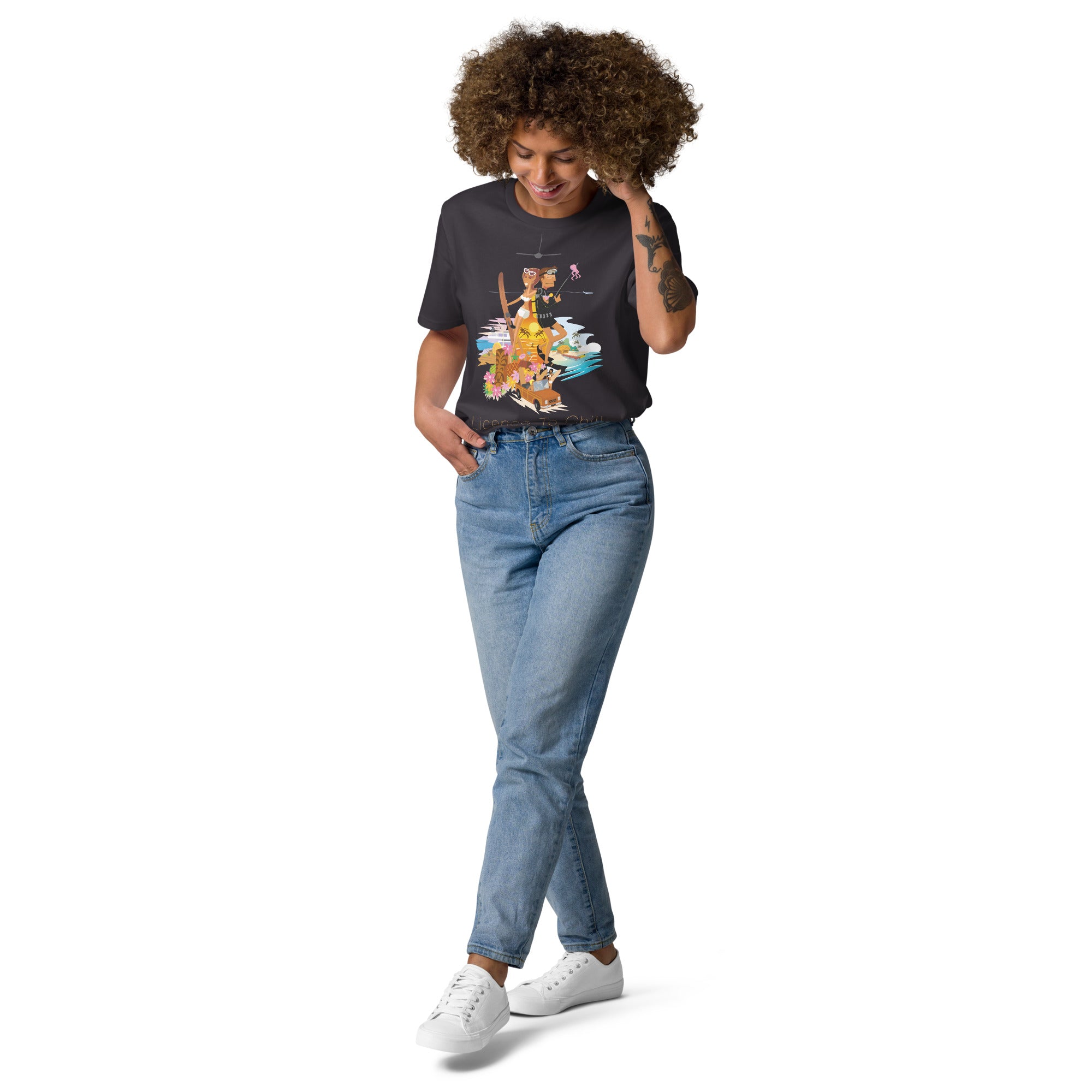 Unisex organic cotton t-shirt License To Chill Vamos a la Playa on dark colors