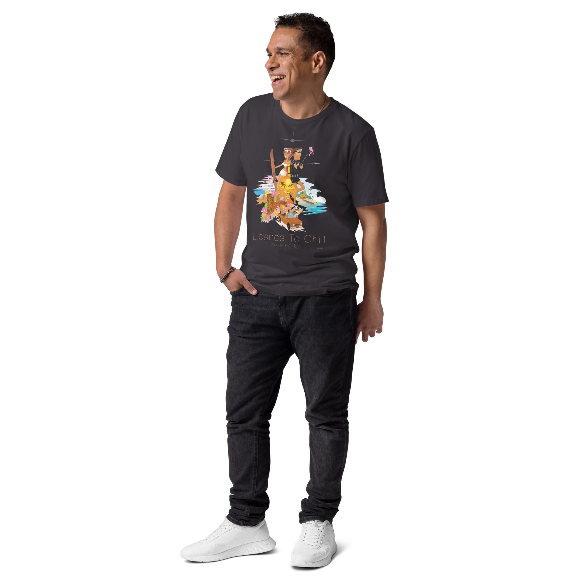 Unisex organic cotton t-shirt License To Chill Vamos a la Playa on dark colors